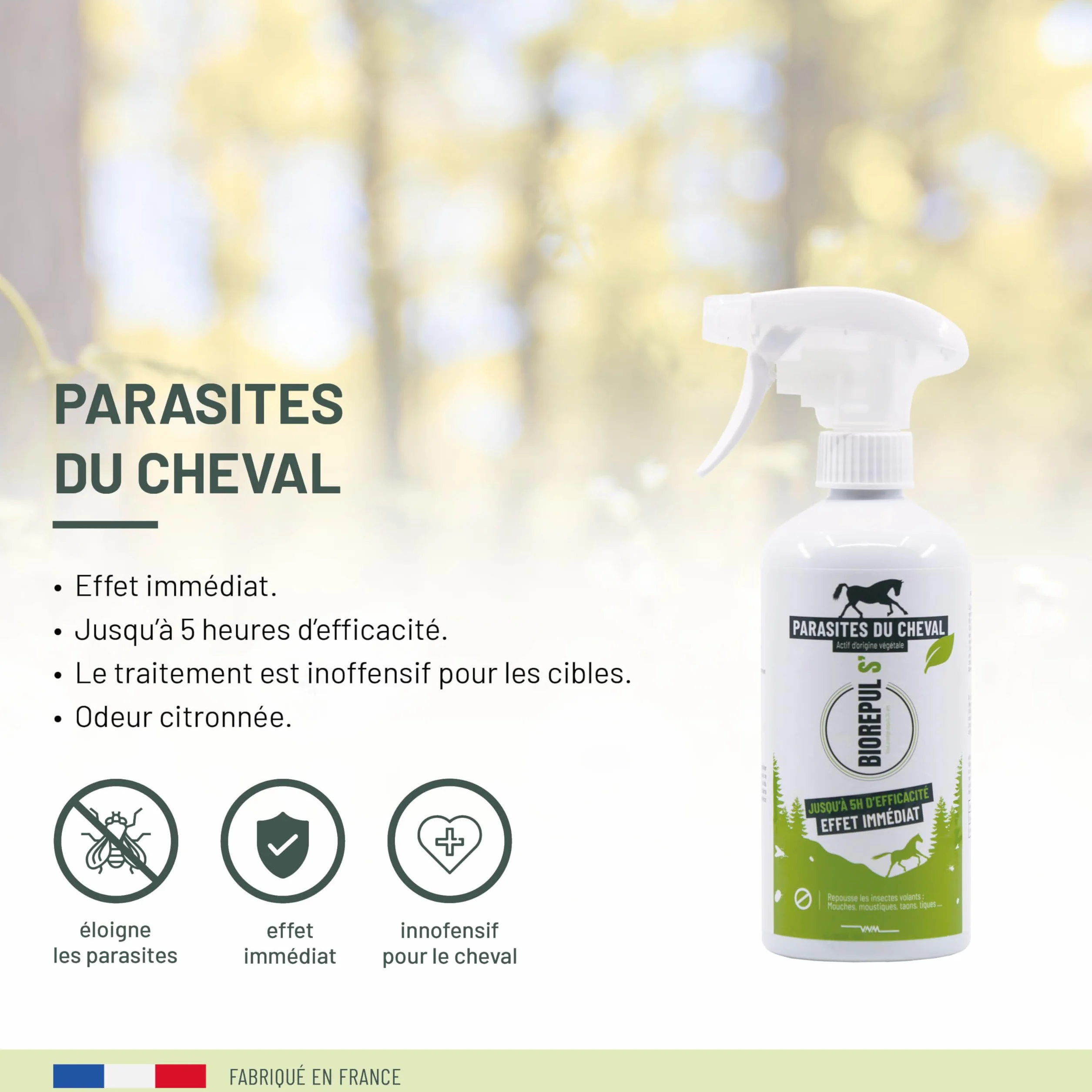 BIOREPUL'S - Spray Répulsif pour Mouches de Cheval - Parfum citronné à l'huile d'eucalyptus - Efficace jusqu'à 5h - 450 ML