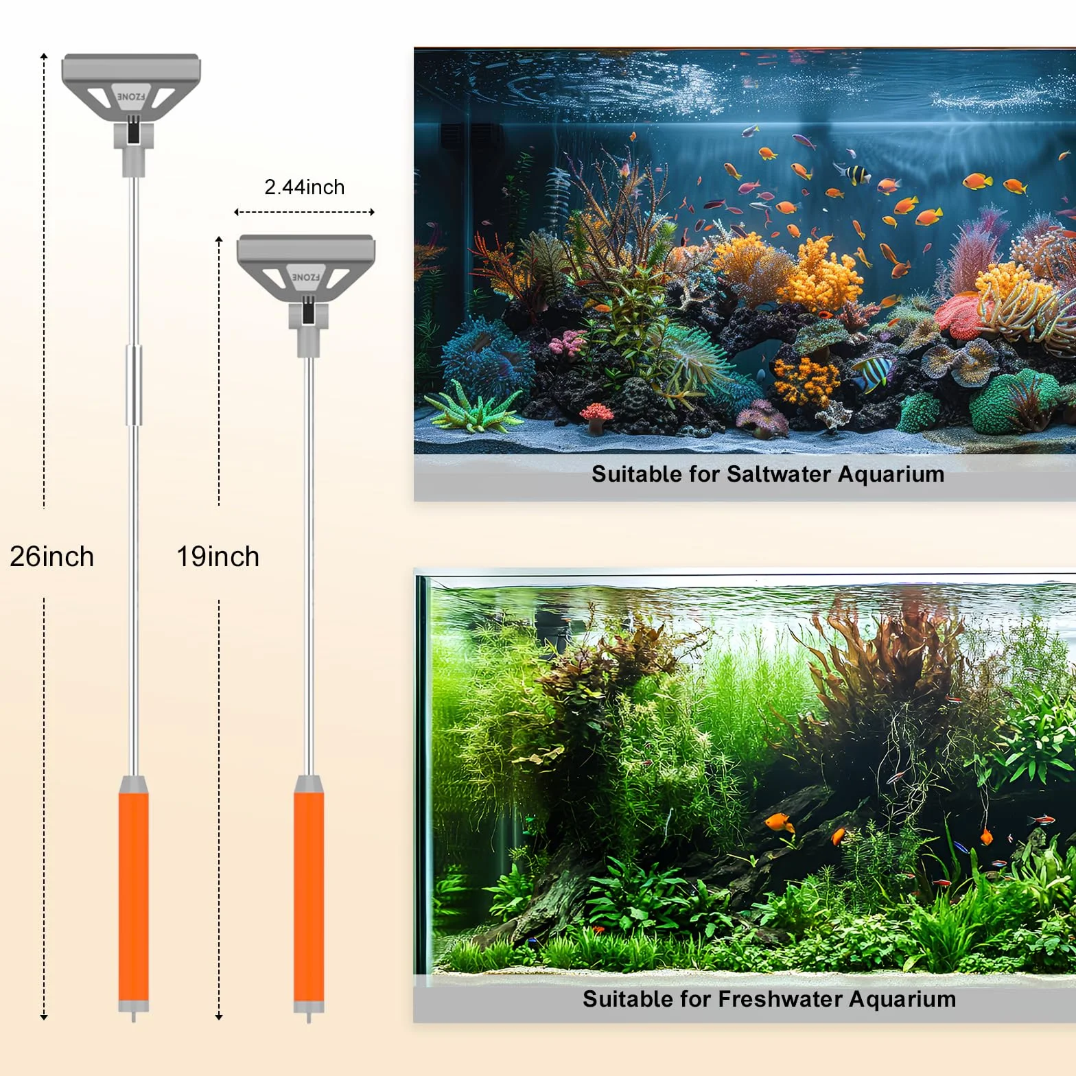 FZONE Grattoir à Algues pour Aquariums en Verre, Longueur Détachable 19-26'', Kit 2-en-1 avec Brosse et 5 Lames Acier Inoxydable