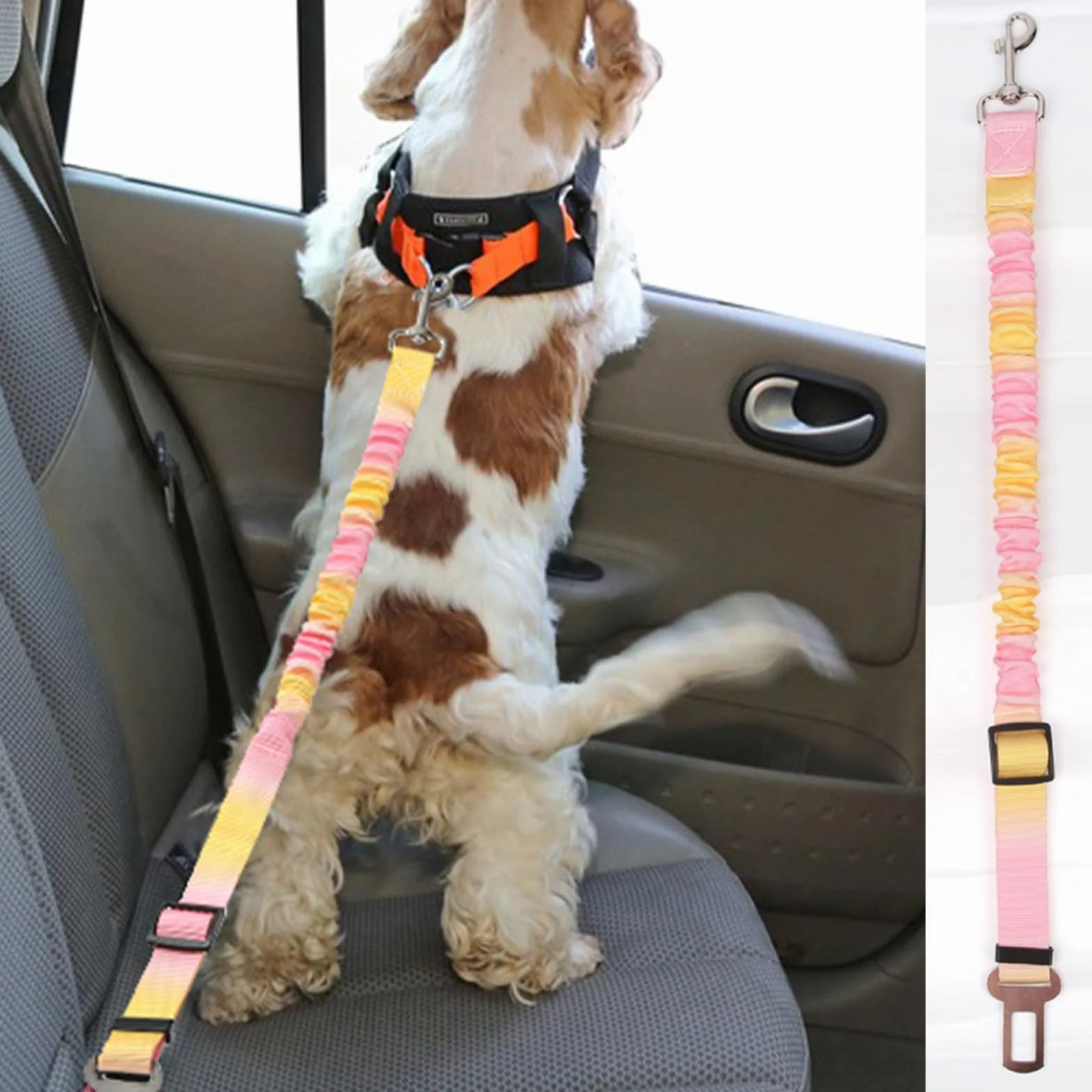 2 Pièces Ceinture Chien Voiture, Réglable Ceinture Securite Chien Voiture, Élastique Attache Chiens Voitures, Couleur Dégradée Laisse Voitures pour Chiens