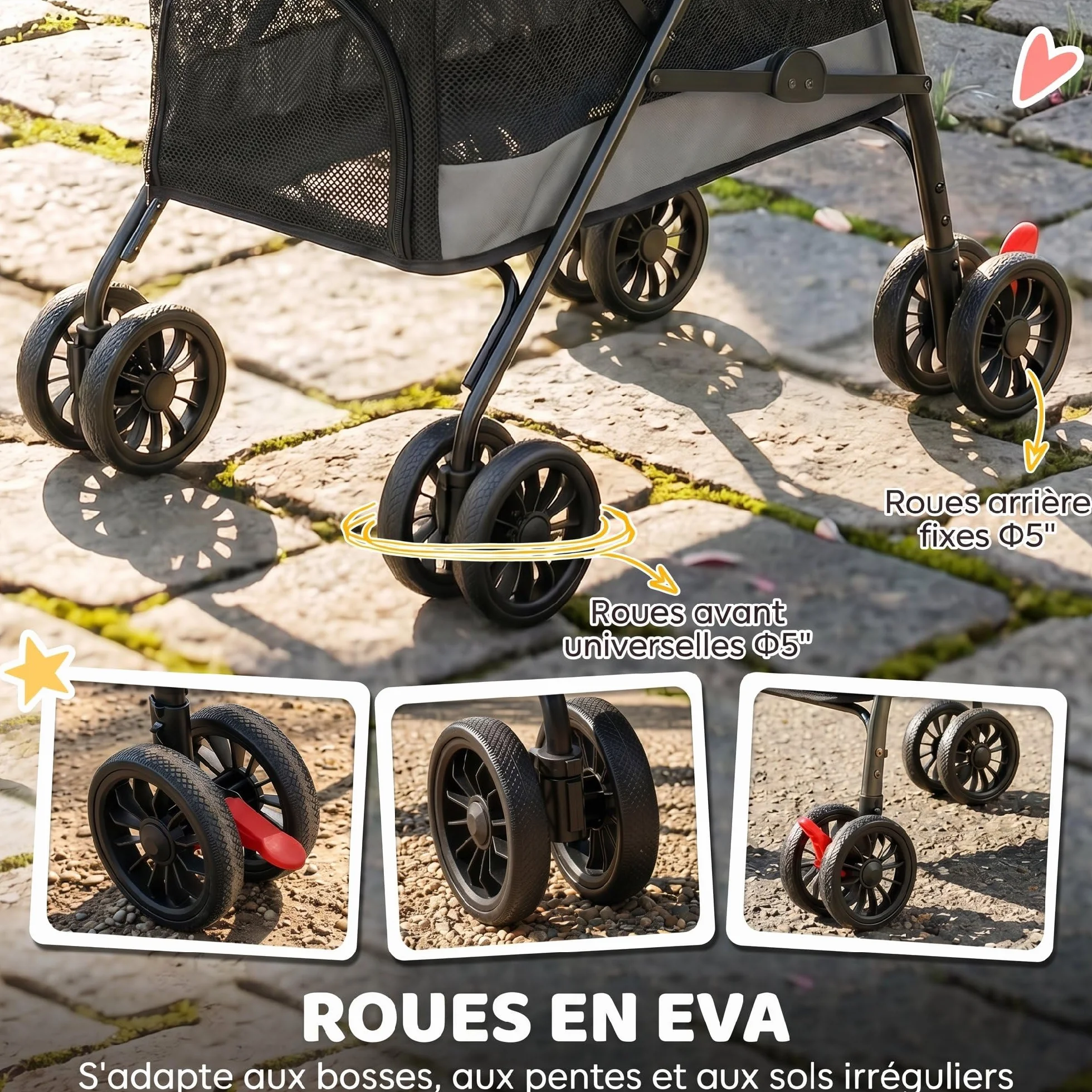PawHut Poussette pour Chien avec 4 Roues EVA, Chariot Pliable, Frein, Gris