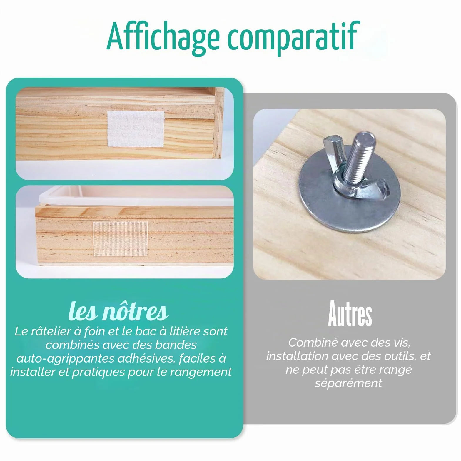 Râtelier à foin 2 en 1 en bois pour hamster avec distributeur automatique et bac à litière