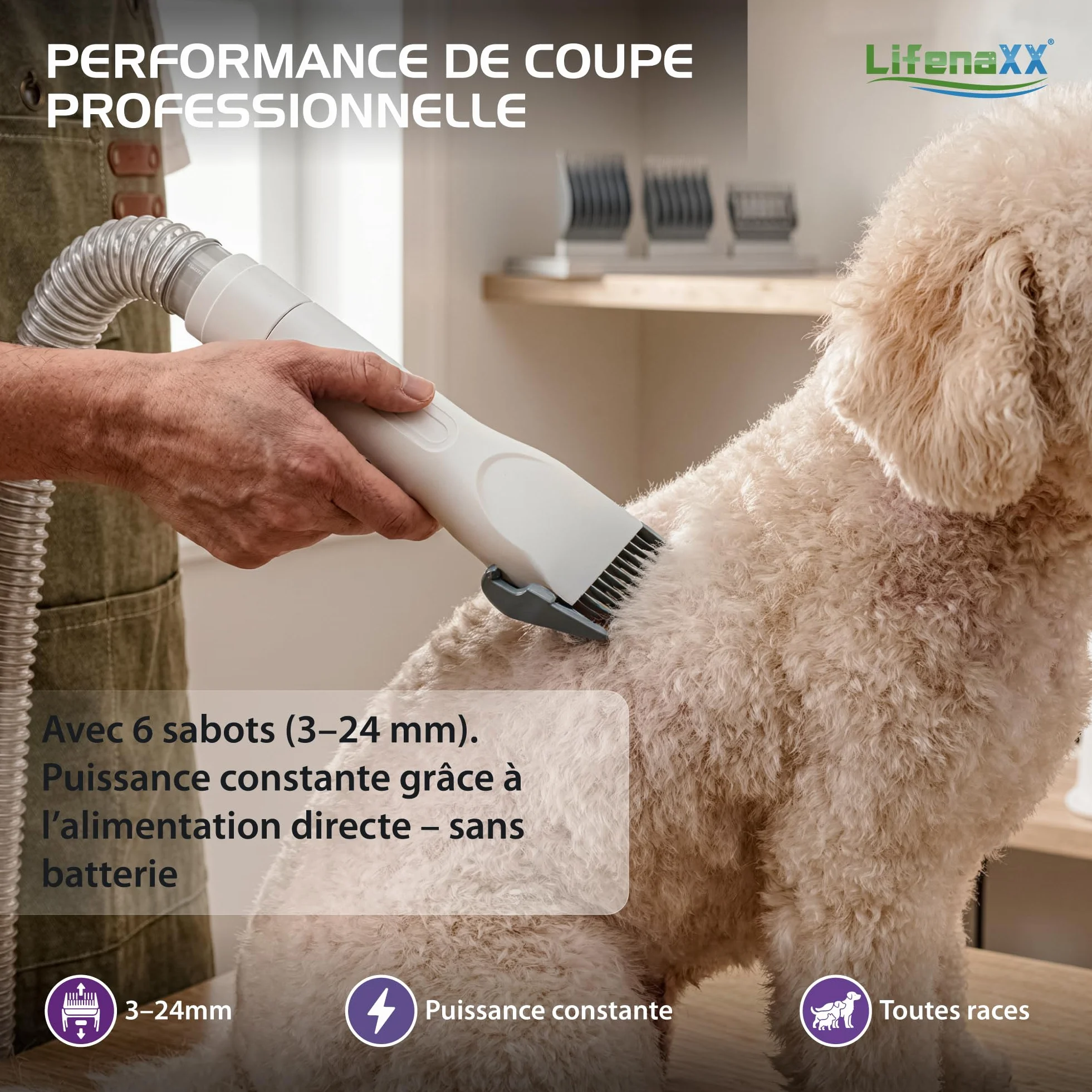 Lifenaxx Tondeuse Animale 6-en-1 avec Aspiration Kit Toilettage Chiens Chats Silencieuse LX-052