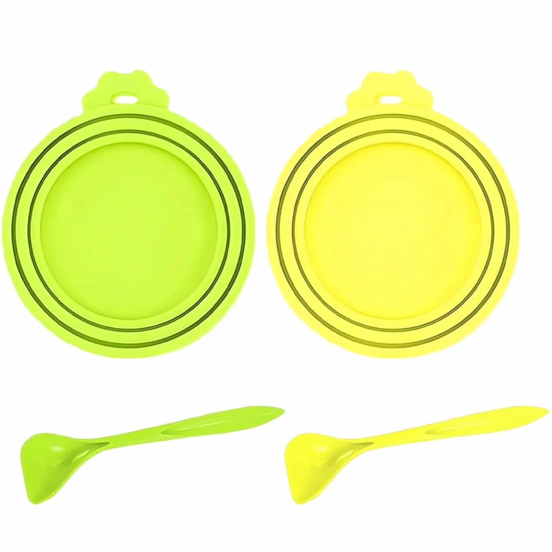 Couvercles En Silicone Pour Boîtes De Nourriture Pour Animaux, Lot De 2 Pièces Universel, Pour 3 Tailles Standard De Conserves Livré Avec Une Cuillère (Jaune, Verte)