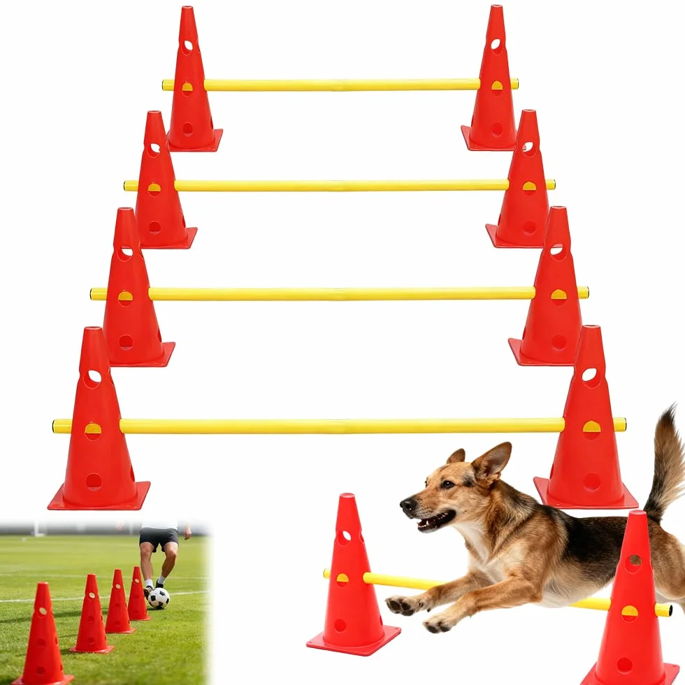 Haies d'Entraînement Agilité pour Chien, Saut Obstacle 8 Cônes 32cm + 4 Barres 80cm