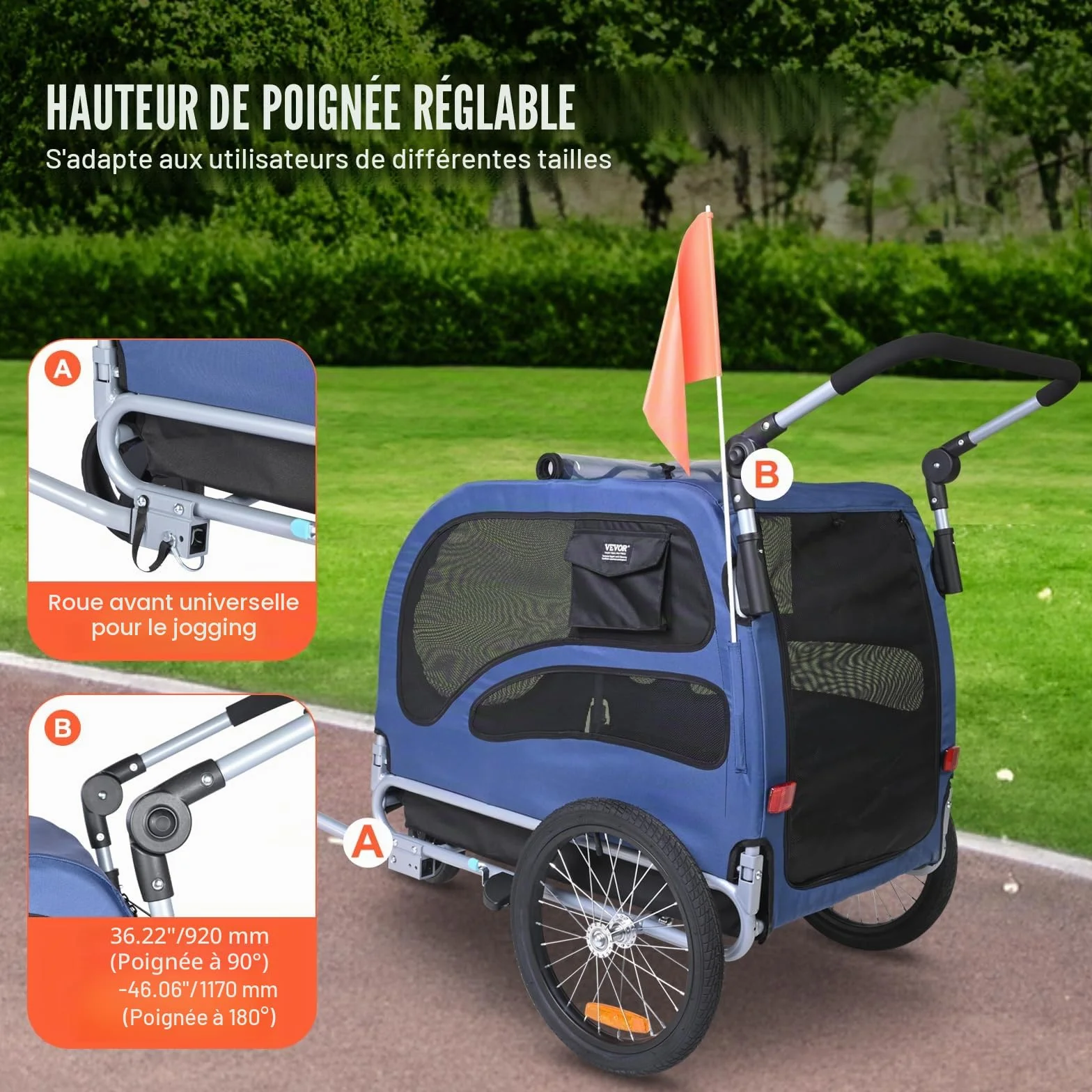 VEVOR Remorque de Vélo Chien Pliable 45 kg Poussette Animaux 2en1 Roues Dégagement Rapide Bleu/Noir