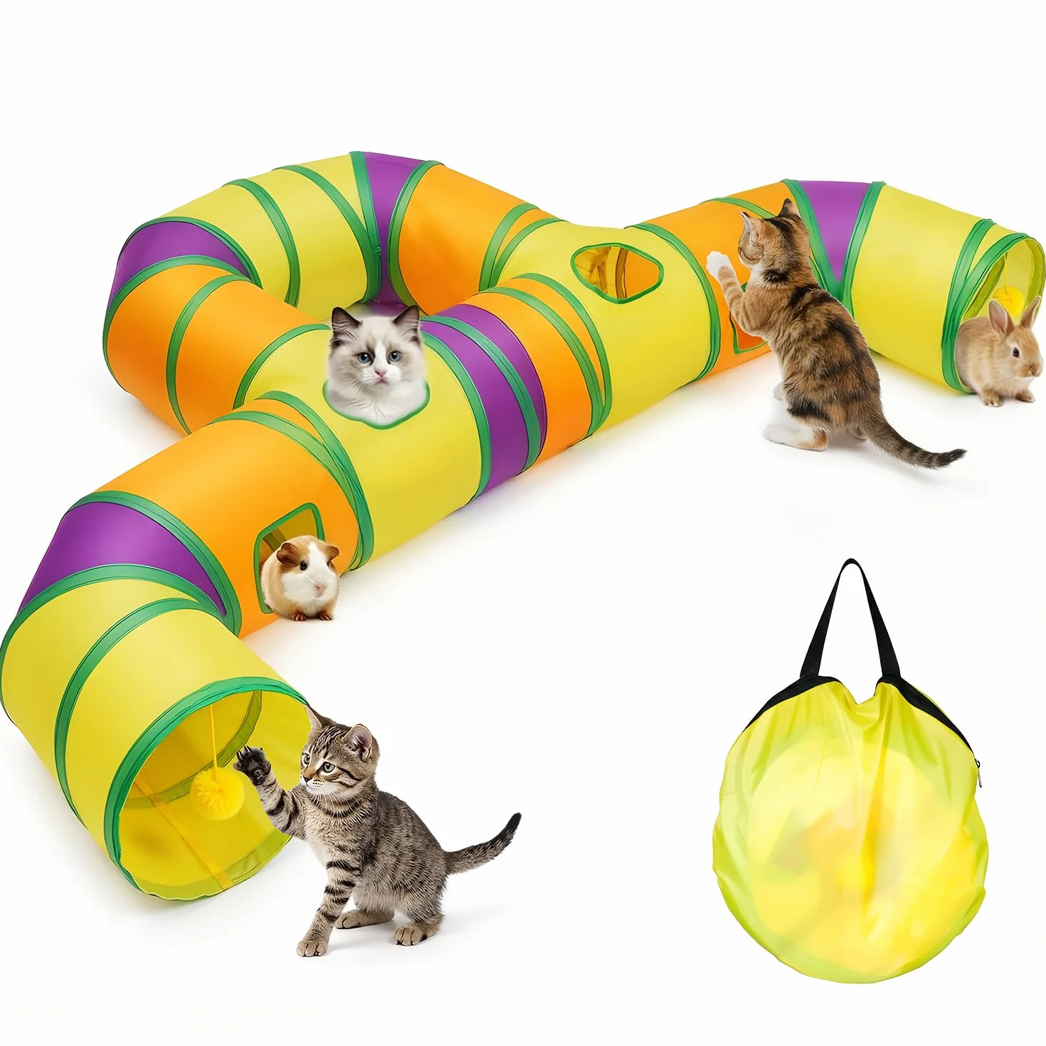 Tunnel de Jeu pour Chat Interieur, Jouer Tube pour Chat avec Pompons Suspendus et Trou interactif pour Chatons, Chiots, Lapins, furets, cochons d'Inde