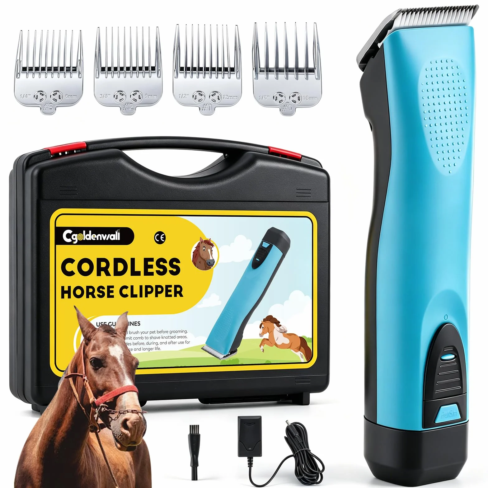 Tondeuse pour Chevaux CGOLDENWALL, Batterie Li-Ion 1400mAh & 3.5m Câble, 3200-4000rpm, Vitesse 2, pour Chien, Cheval, Chèvre
