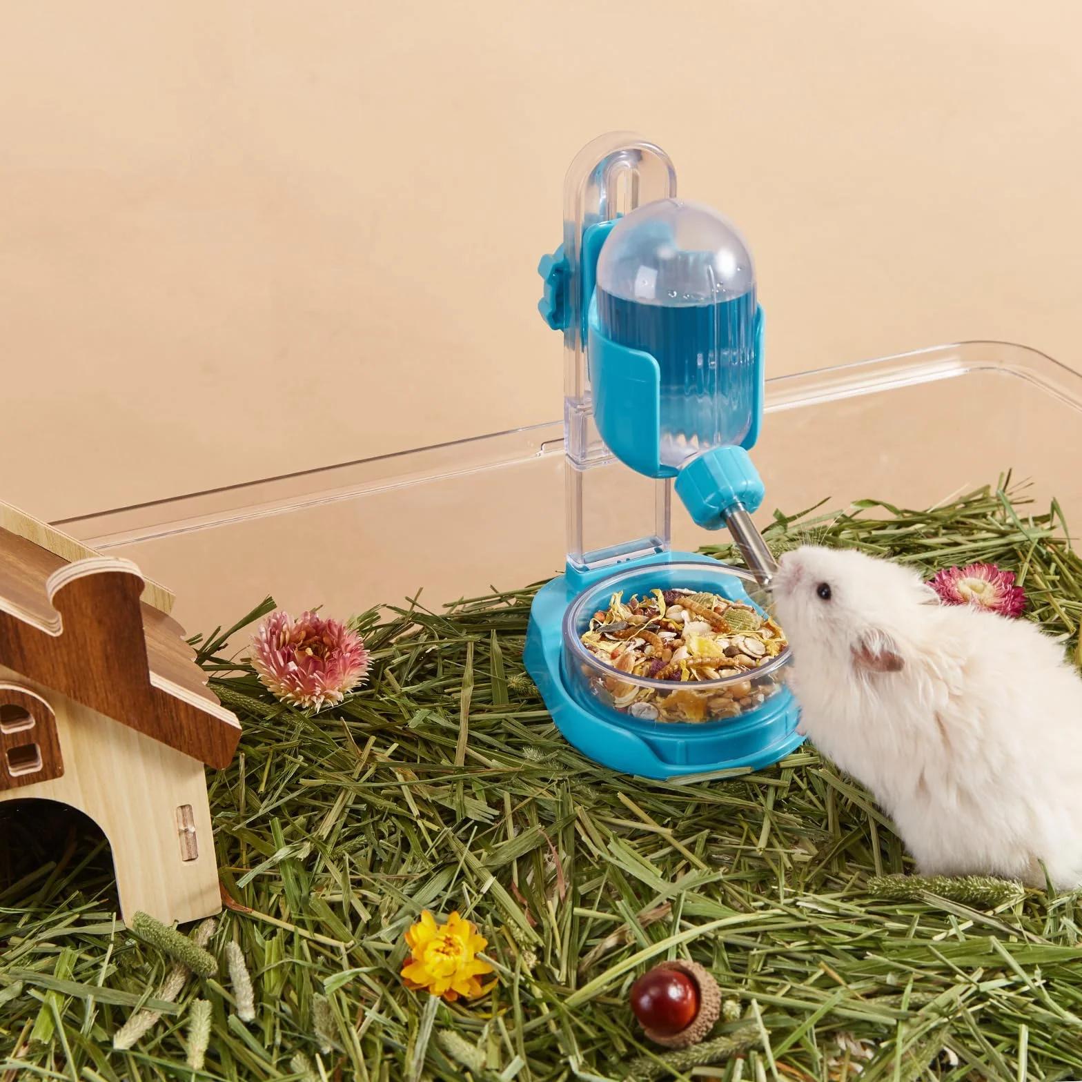 Bouteille d'eau pour Hamster 100 ML avec Support et Bol de Nourriture, Bleu