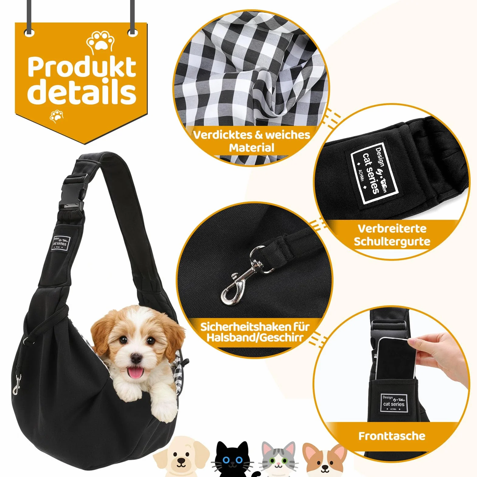 Sac de Transport pour Chien Chat 7.5 KG Réglable avec Corde de Sécurité Petit Animaux Bandoulière Extérieur Voyages Métro