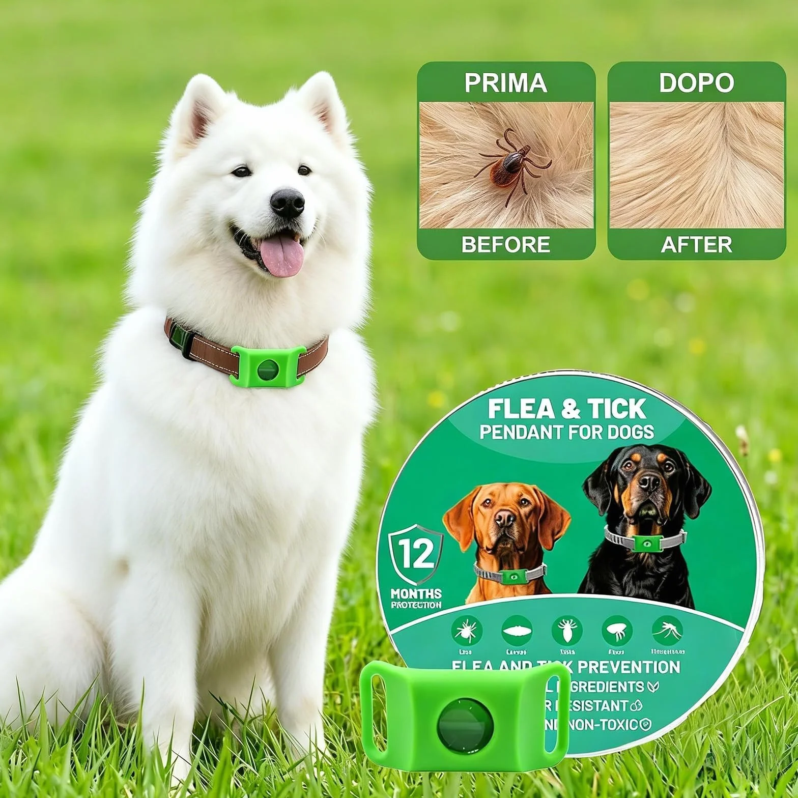 Collier Antiparasitaire pour Chien Anti Puces Anti Tique Naturel Réglable avec Huiles Essentielles 2 Capsules Remplaçables Vert