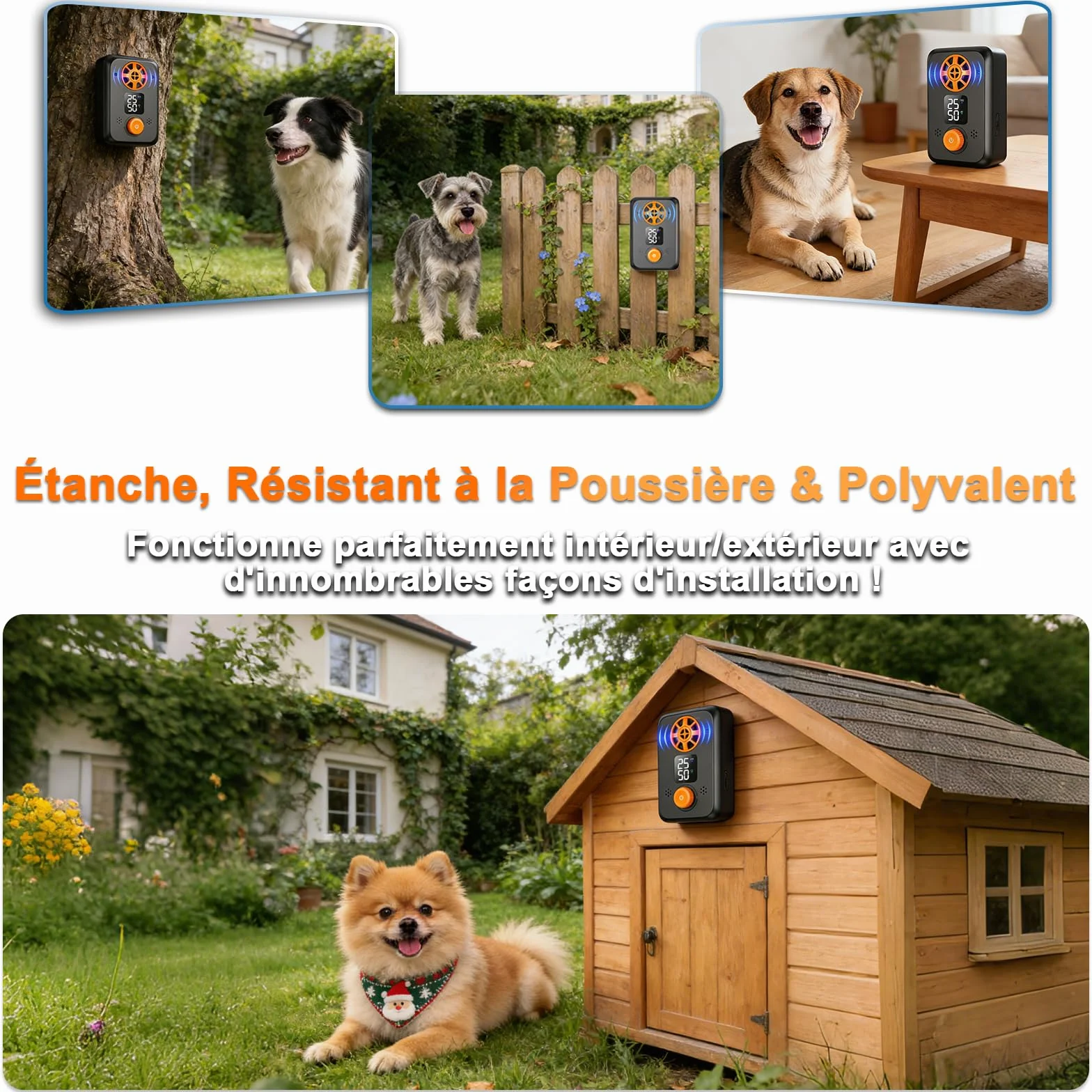 Appareil Anti-Aboiement Ultrasonique Chien 5 Fréquences Ajustables 3 Portées Intérieur/Extérieur