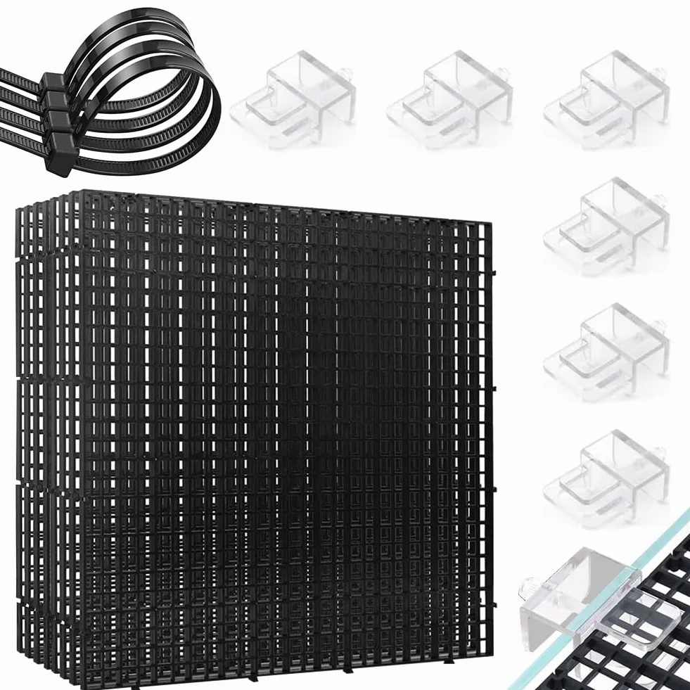 Lot de 8 grilles en plastique pour aquarium 30x30 cm avec supports et serre-câbles, protection et séparateur noir