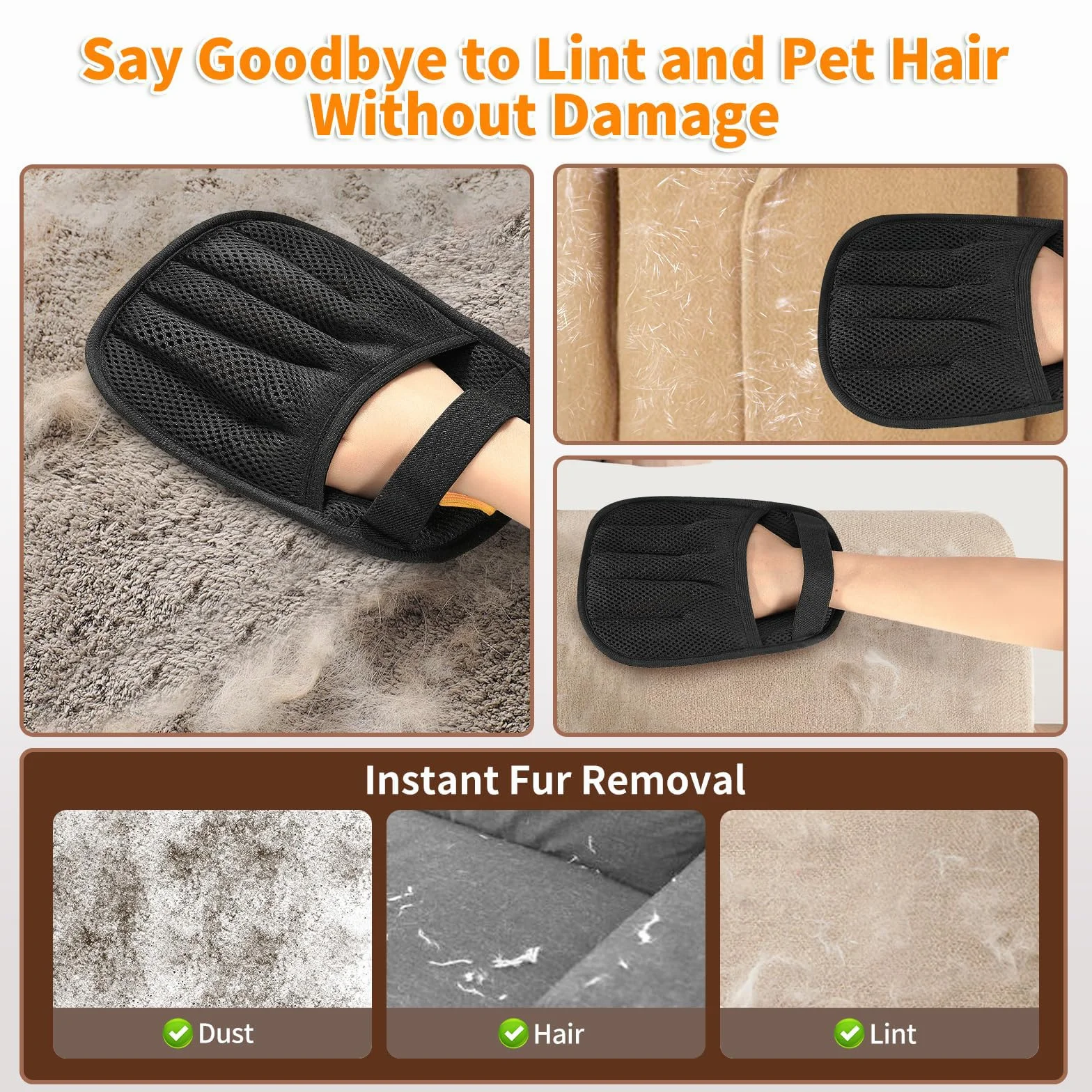 Gant Anti Poils Animaux Double Face Brosse pour Lavage Démêlage Toilettage 24cmx18cm Noir