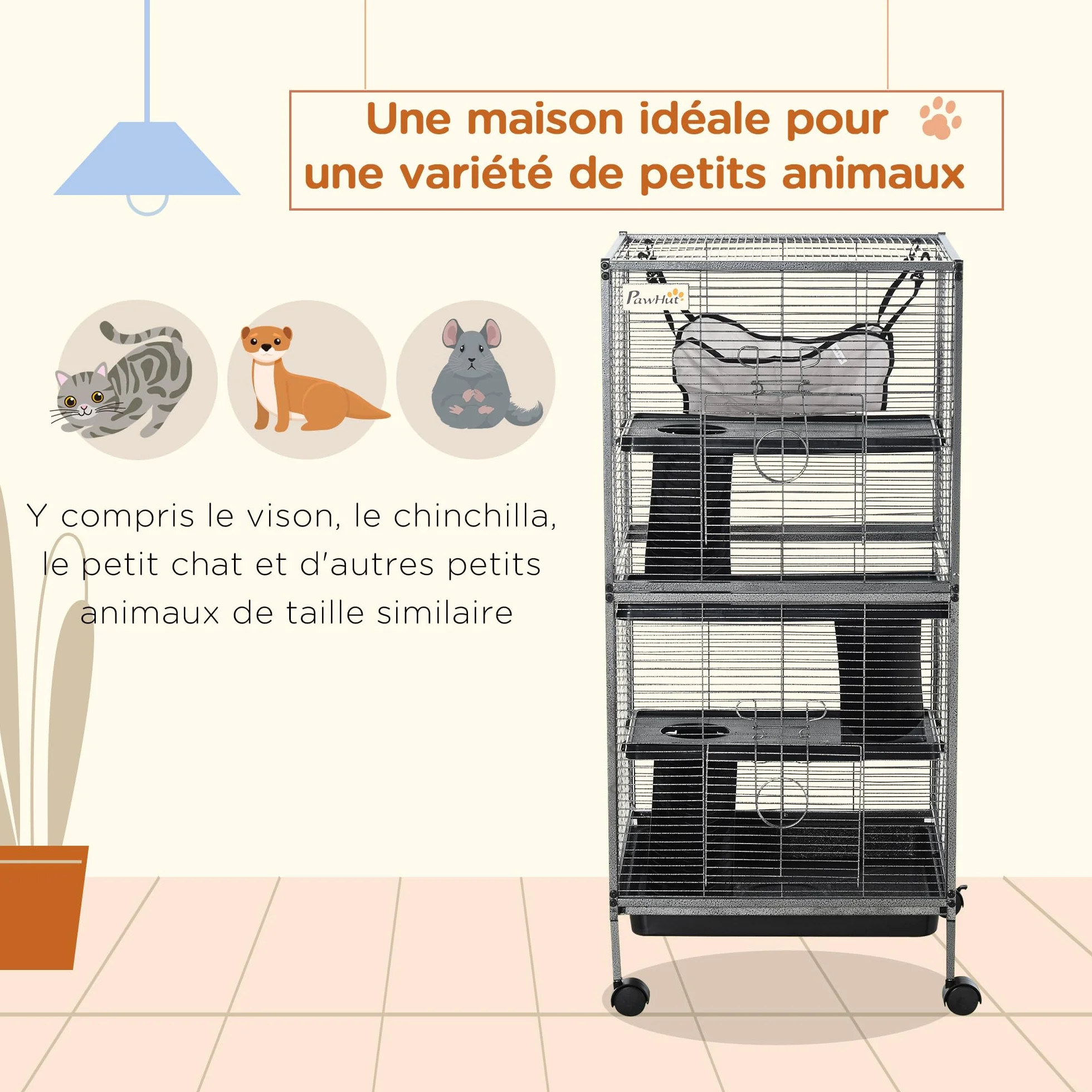 PawHut Cage pour Petits Animaux Portable 4 Niveaux Chinchilla Furet avec Roulettes 52 x 52 x 113,5 cm Gris