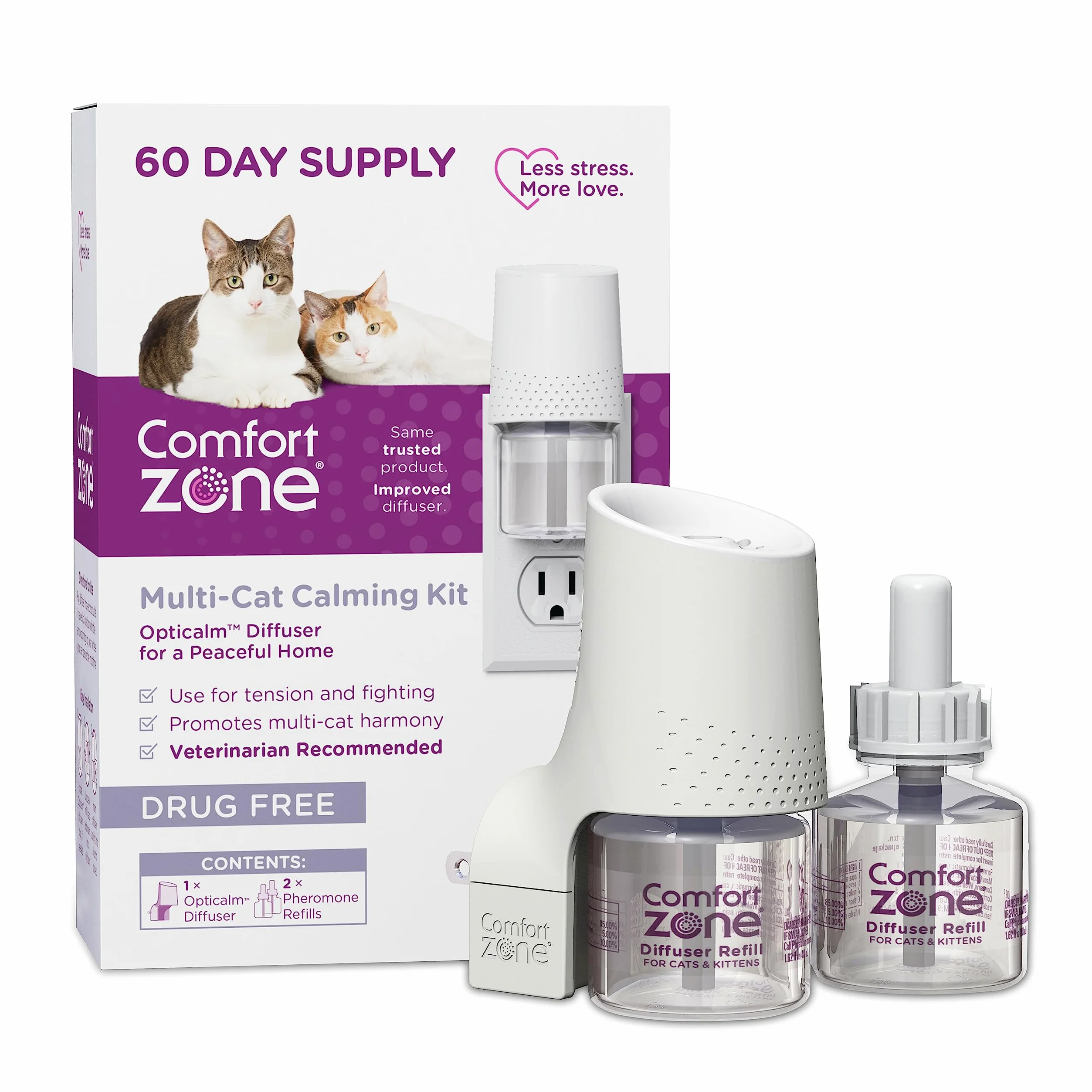 Comfort Zone 1 diffuseur Plus 2 recharges | Kit apaisant Multi-Chats (approvisionnement de 60 Jours) pour Une Maison paisible | Recommandé par Les vétérinaires | Arrêtez Les Combats de Chats et