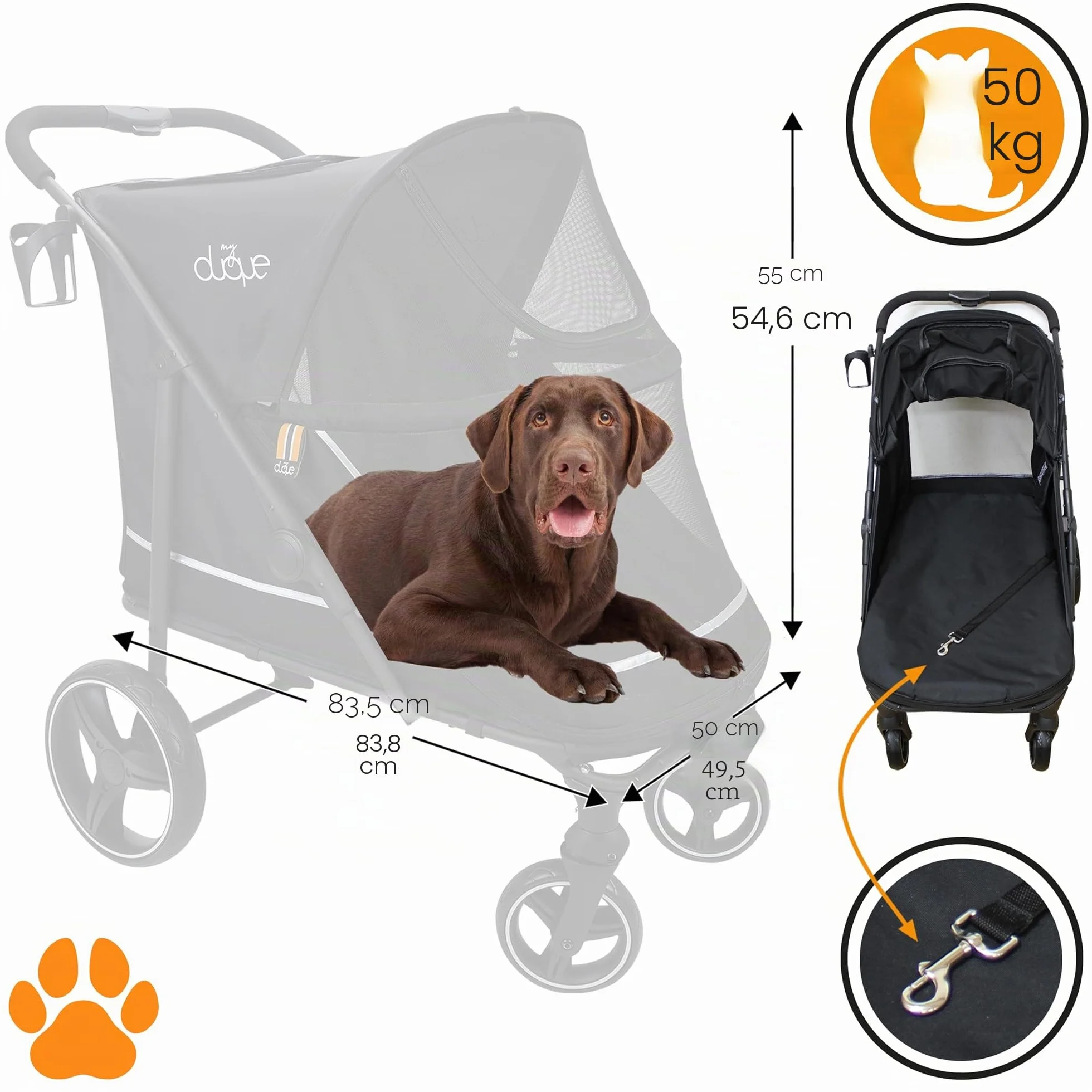 DUQUE Poussette pour Animaux CHAMP Pliante 50 kg Noir avec Housse de Pluie