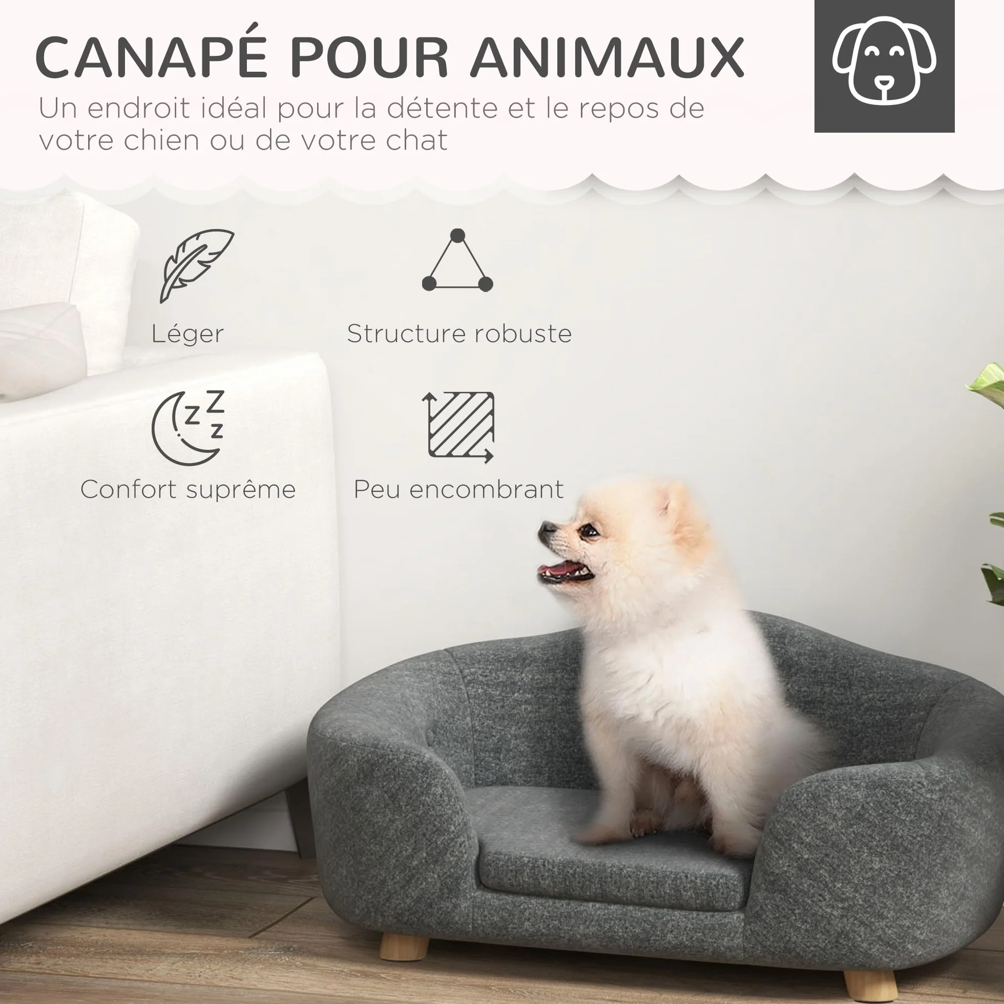 PawHut Canapé Lit Panier Chien Chat Pieds Bois Massif 70x47x30 cm Gris Anthracite