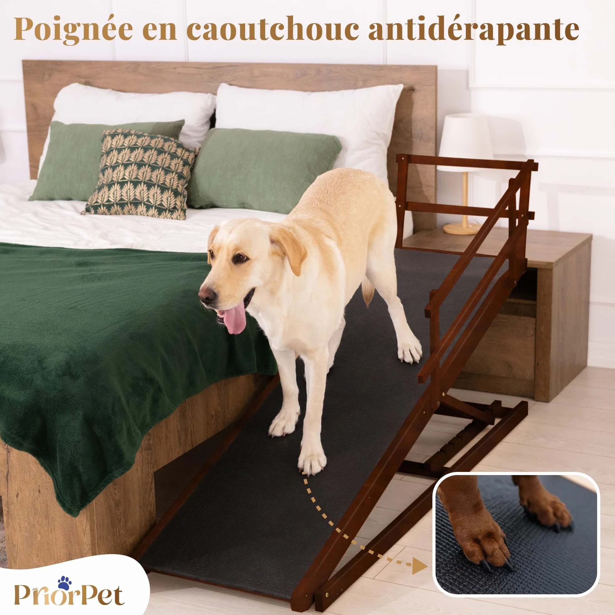 Rampe pour Chien Grande Taille avec Barrières de Sécurité, Pliable, Antidérapante, Bois de Bouleau, Noix, jusqu'à 94,5 cm, 90 kg