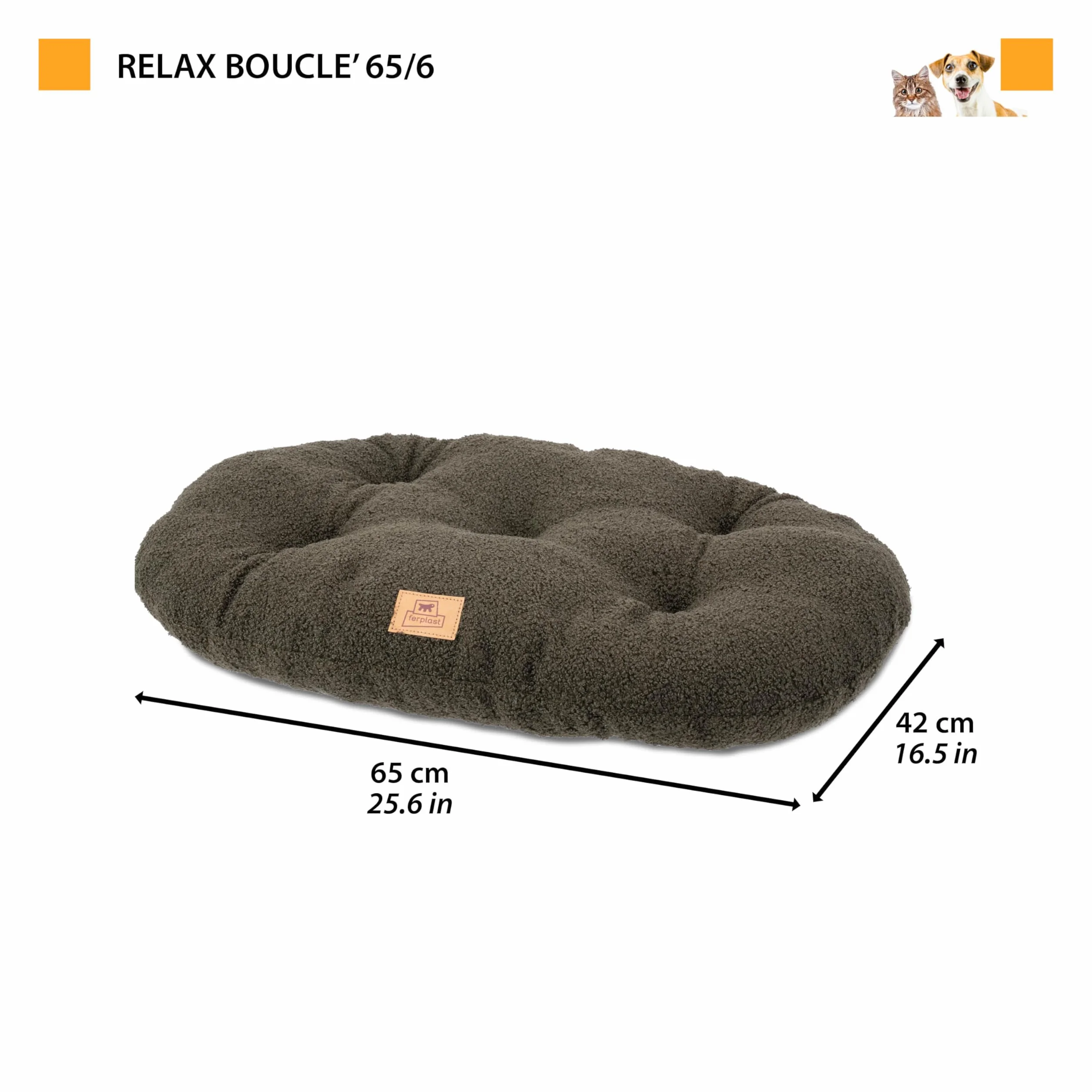 Ferplast Coussin pour Chien Taille Moyenne Panier pour Chat Tissu bouclé Lavable 65 x 42 x 4 cm Gris