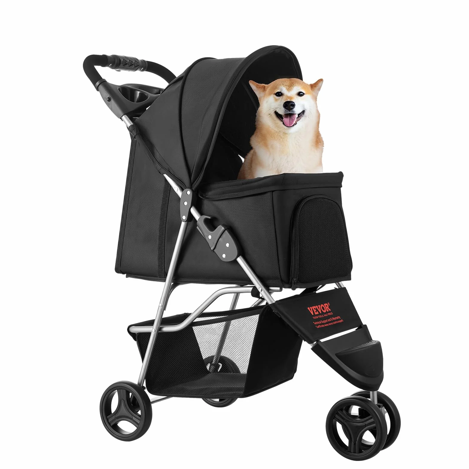 VEVOR Poussette pour Chien Animaux de Compagnie Pliable, Capacité 16 kg, 3 Roues Freins Arrière, Fenêtres Maille, Porte-gobelets