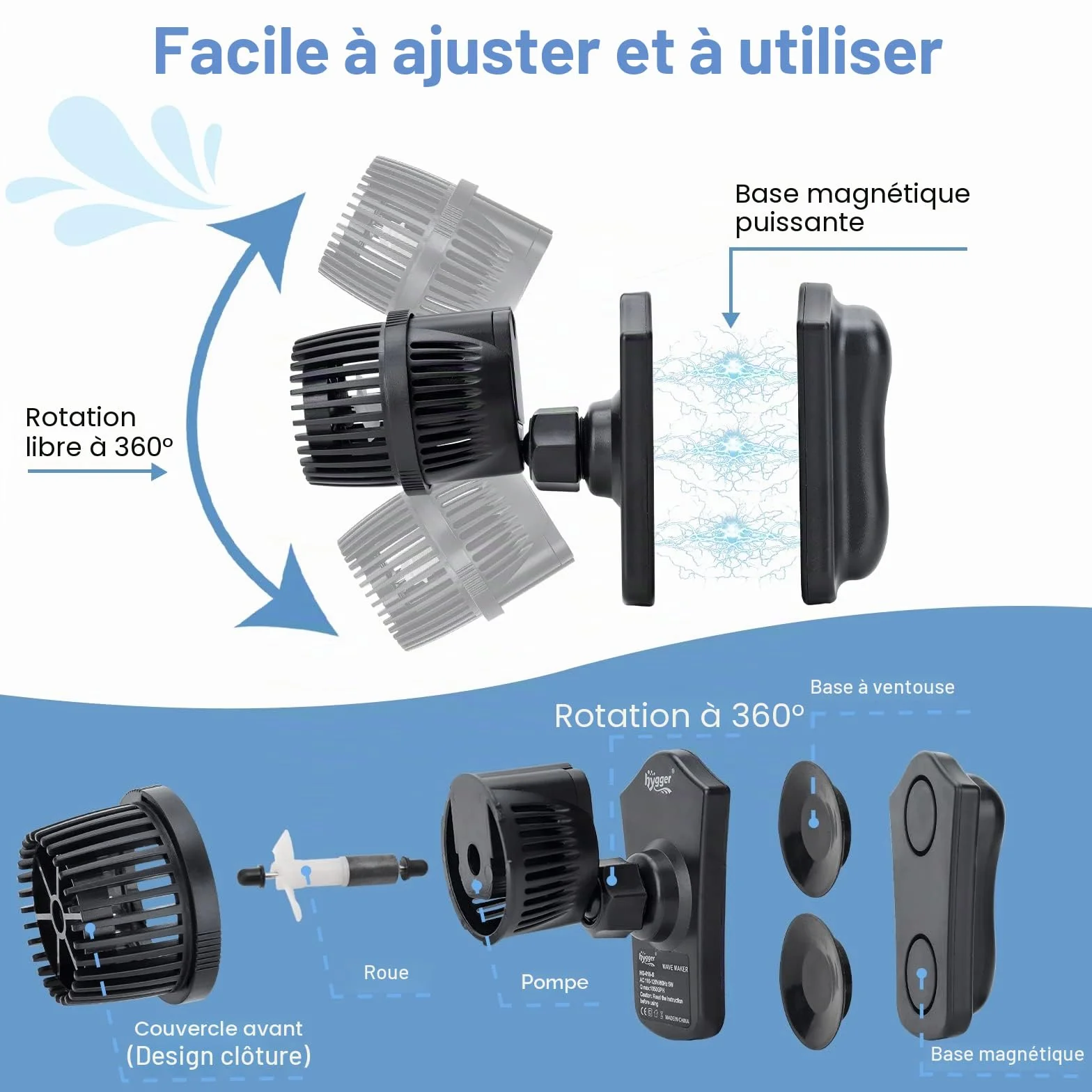 hygger 7875 LPH Pompe de Brassage Aquarium 360° Rotative 12W Wavemaker