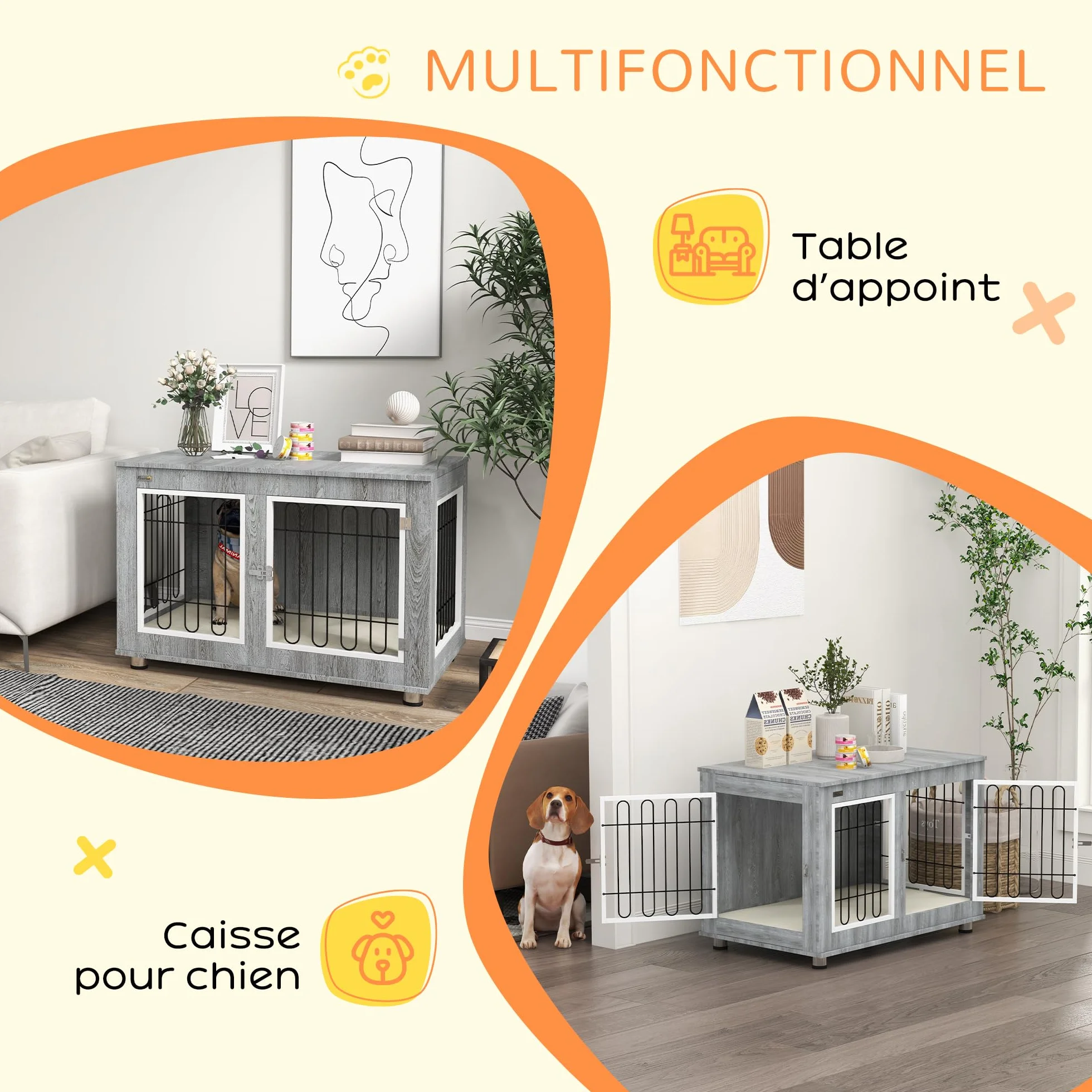 PawHut Cage pour Chien Meuble Table d'appoint Double Porte Coussin Niche Chien Moyenne Grande Taille 90 x 58 x 65 cm Gris