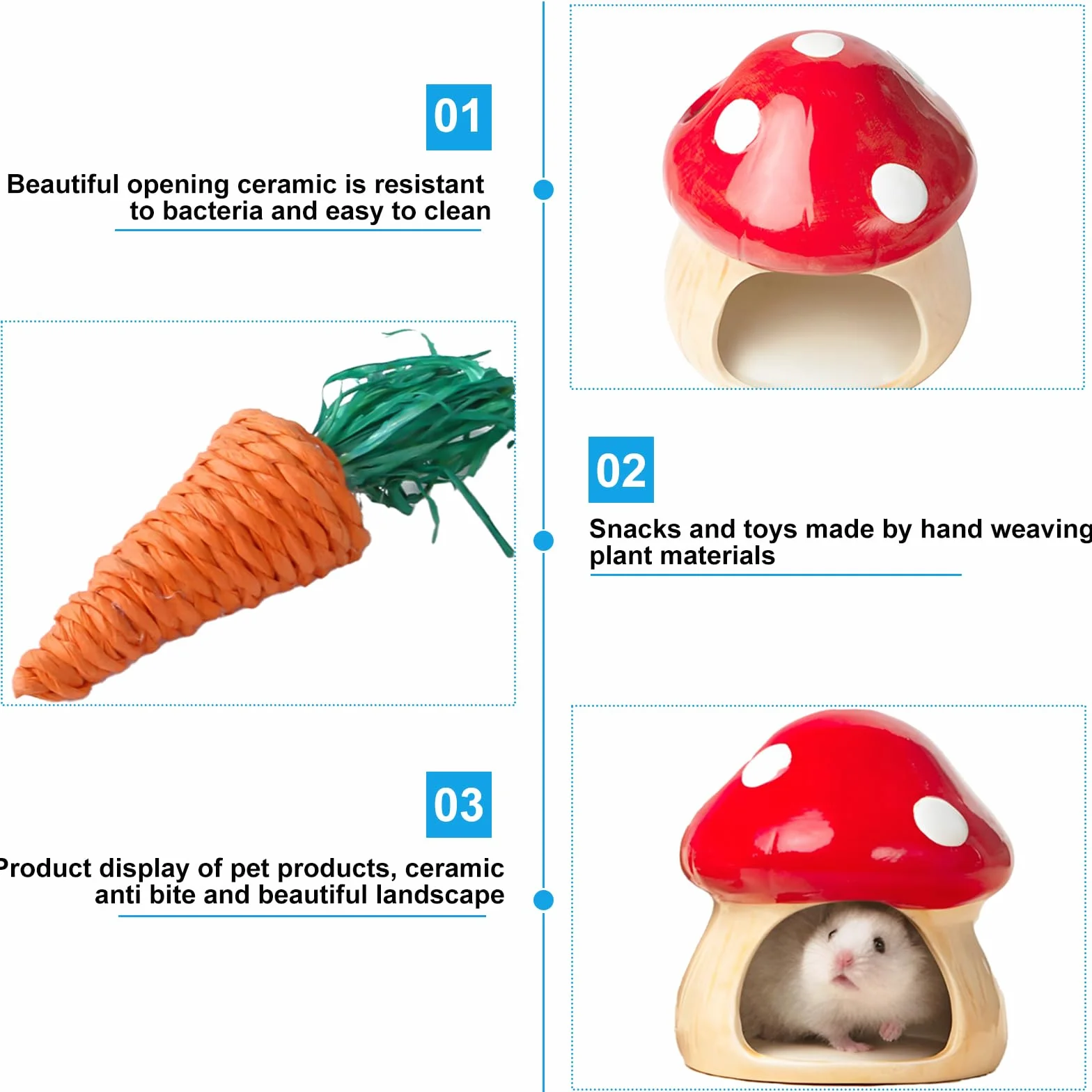 Maison en céramique pour hamster : cachette durable pour hamster, hamster et tunnel pour jouets dentaires en forme de champignon, grandes entrées pour gerbilles, souris, chinchillas (rouge)