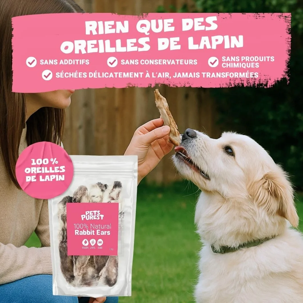Pets Purest Oreilles de Lapin avec Fourrure pour Chiens, Chiots & Seniors - Friandise à Mâcher 100% Naturelles, Séchées à l'Air, pour Les Aliments Crus et Les Régimes Hypoallergéniques sans Céréales.