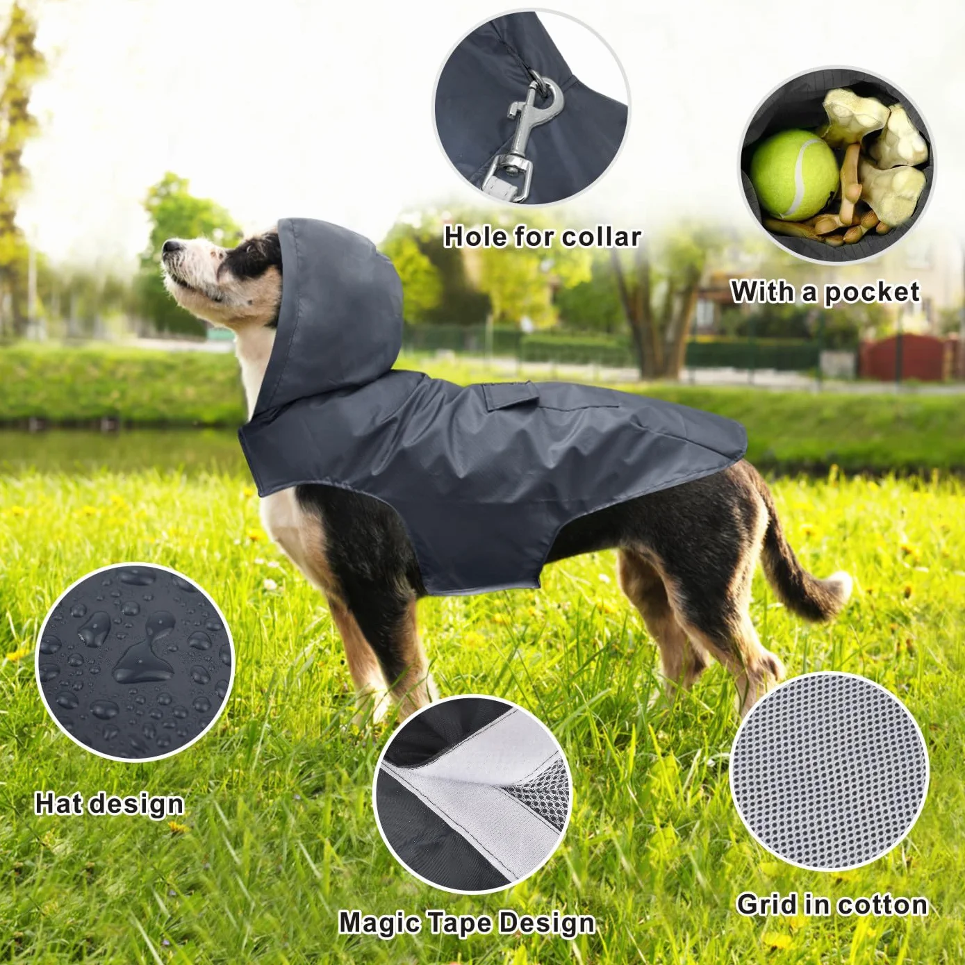 Idepet Manteau imperméable à Capuche pour Chien avec Trou pour Le col, imperméable et réfléchissant pour Chien Taille S, M, L