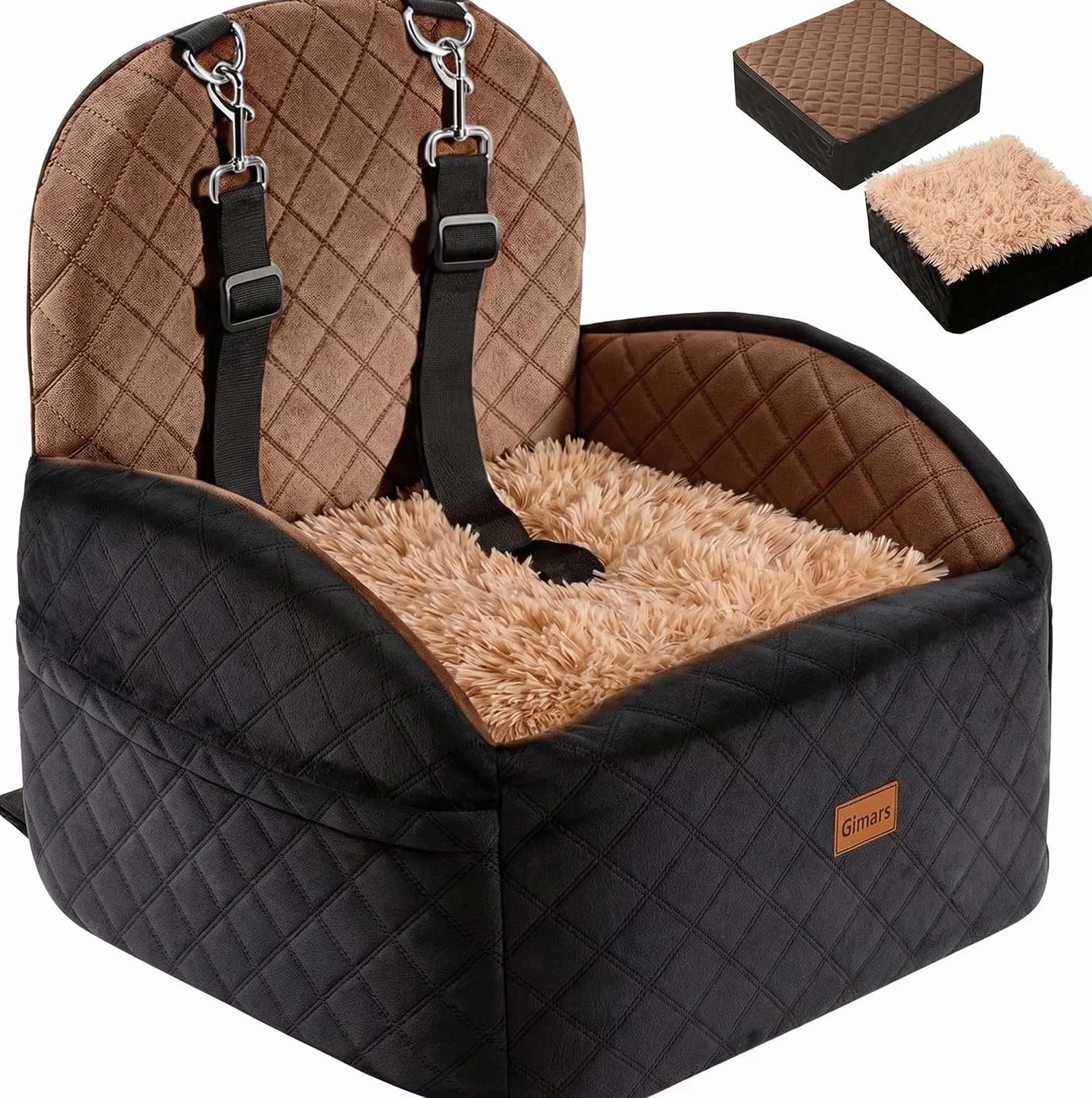 Gimars Siège Auto Chien Réversible Peluche pour Petits/Moyens Chiens Jusqu'à 16kg, Amovible Lavable, Antidérapant, Panier Voiture avec Mousse 28D 15cm