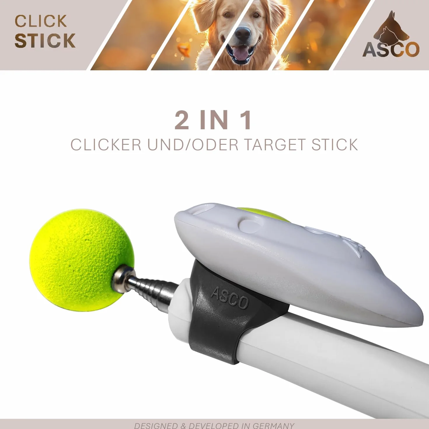 ASCO ClickStick®, Target Stick avec cliquet de qualité supérieur Amovible, Cible télescopique pour Chiens, Chats, Cheval cliquet de Dressage, Noir AC01TCS