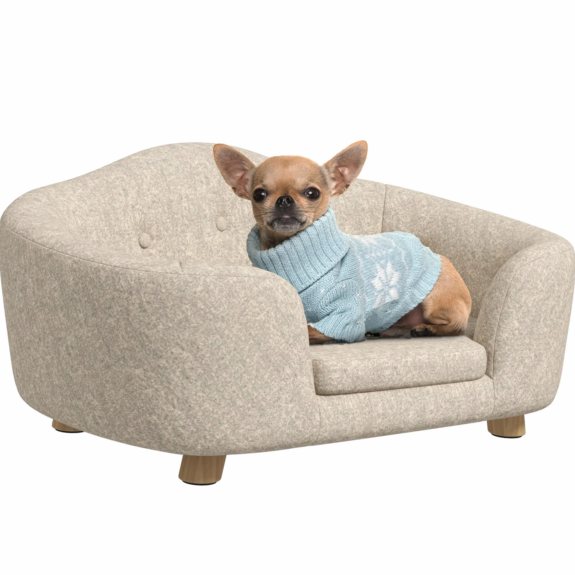 PawHut Canapé-lit pour animaux de compagnie - Coussin et poche arrière - Peluche et mousse de pin - Blanc crème - 70 x 47 x 30 cm
