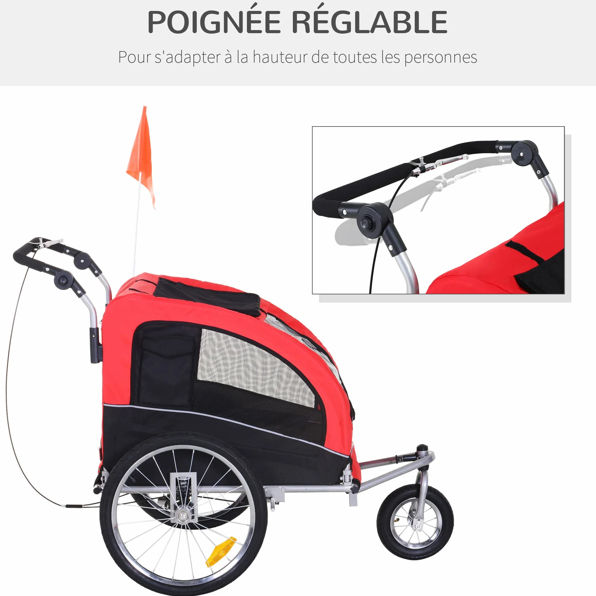 HOMCOM Remorque vélo Jogger 2 en 1 pour Animaux, Roue Avant pivotante, Réflecteurs, Barre d'attelage, Rouge Noir
