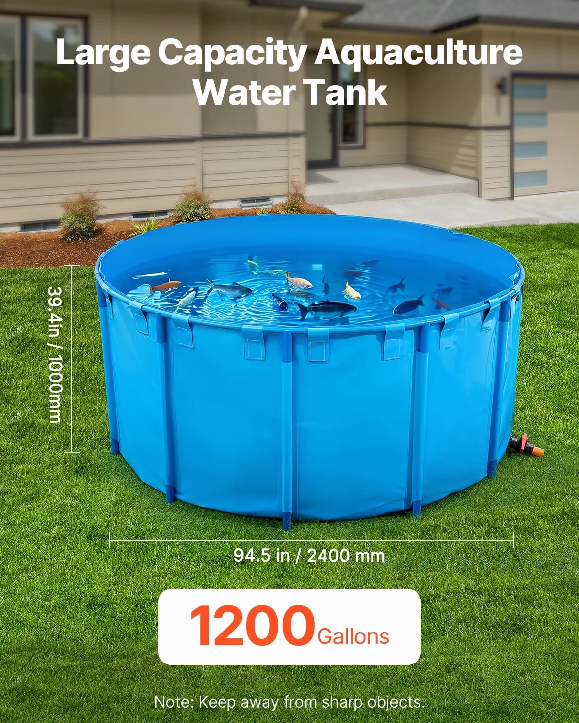 VEVOR Bassin à Poissons Hors Sol, Capacité 4550 L, Étang à Poissons en Toile PVC, avec Cadre Stable en Plastique et Vanne de Vidange, pour Aquaculture, Élevage de Poissons Rouges, Carpes, Koïs, Bleu