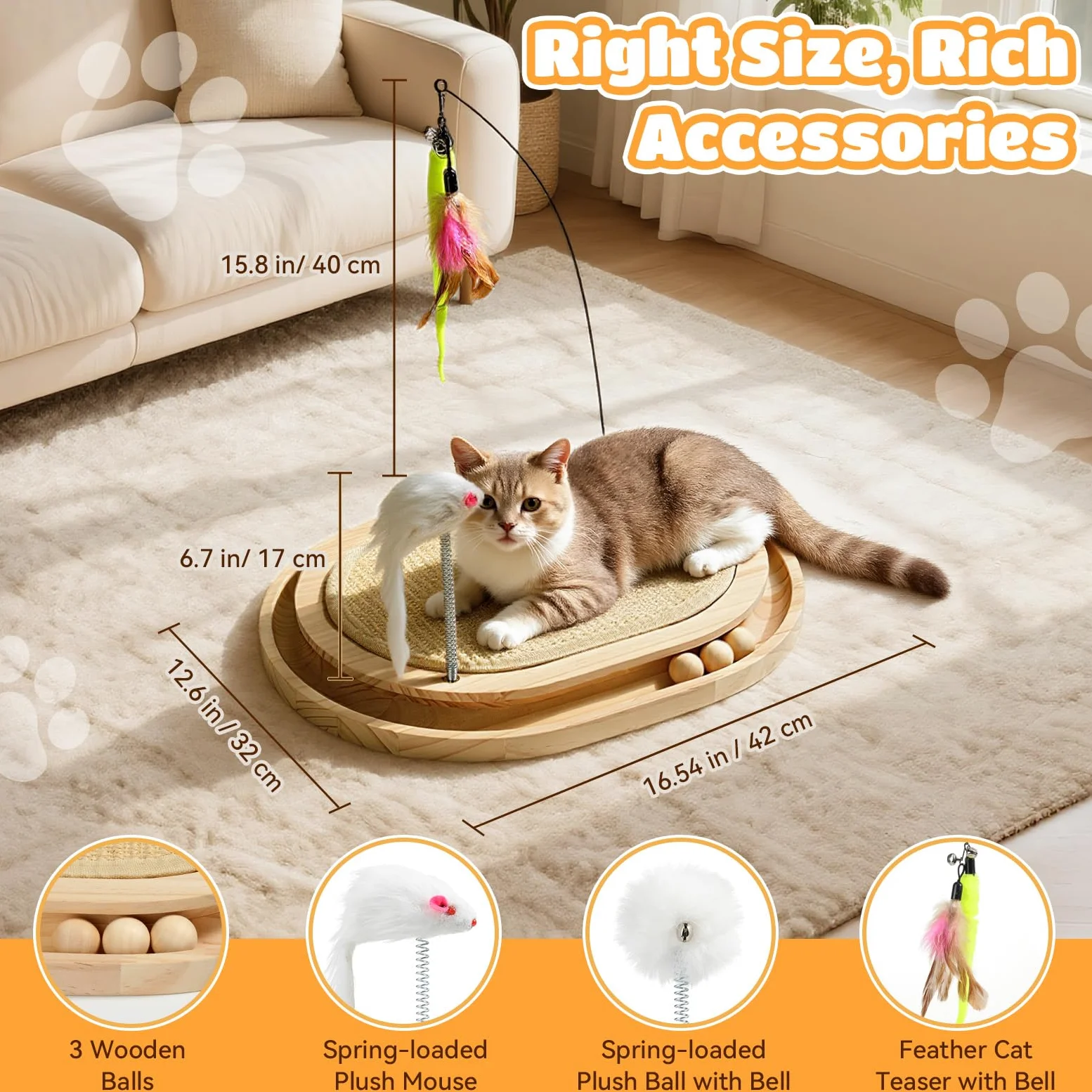 Griffoir pour Chat en Sisal Naturel Jouet Interactif pour Chaton | Tapis Grattoir avec Piste à Balle et 3 Jouets en Peluche, Chasser et Griffer, Griffoir Rond en Bois pour Intérieur