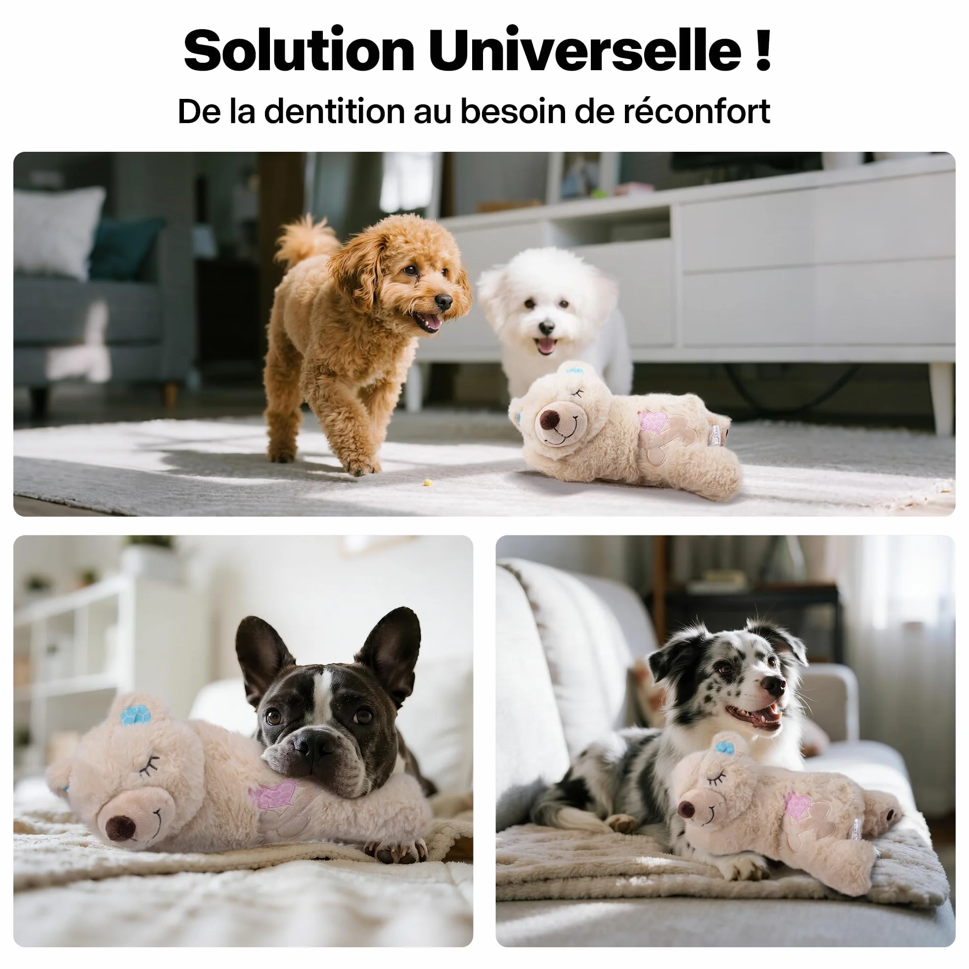 Pet Prime Peluche Apaisante pour Chien avec Battement de Cœur & Sac Chauffant Anti-Stress