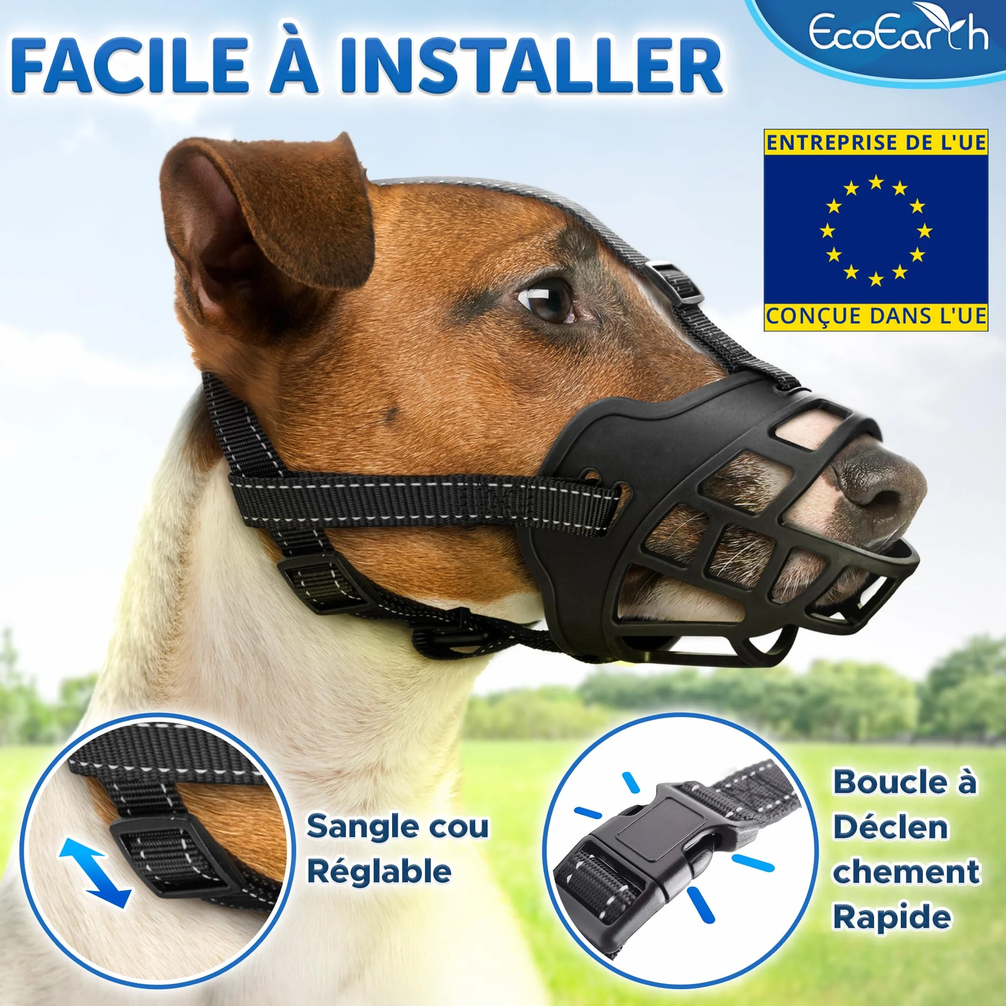 EcoEarth Muselière pour Chien - Muselière Panier Durable pour Chiens de Grande Taille - Grande, Noire - Protège-Dents réglable et Respirant pour empêcher Les morsures et Les aboiements