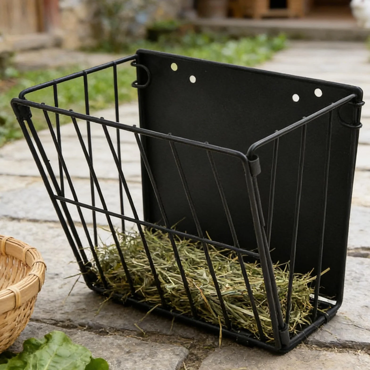 Râtelier à Foin pour Lapin, Rangement de Nourriture Pliable avec Crochet, Distributeur de Foin en Cadre Métallique