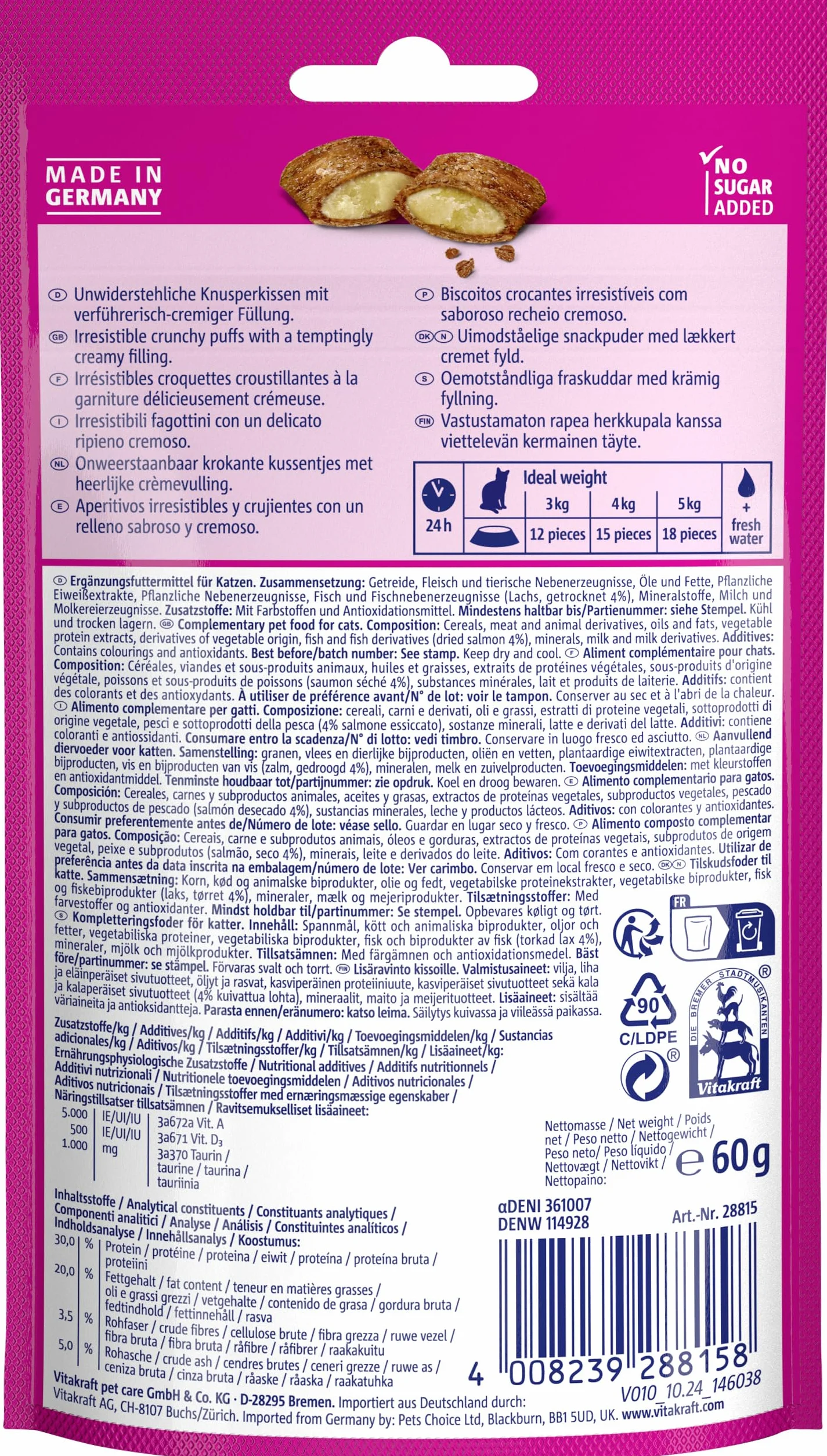 VITAKRAFT- Crispy Crunch Classic, Friandises pour Chats, Snack Croustillant Au Saumon, en Sachet Refermable, sans Sucres Ajoutés (1X 60G)