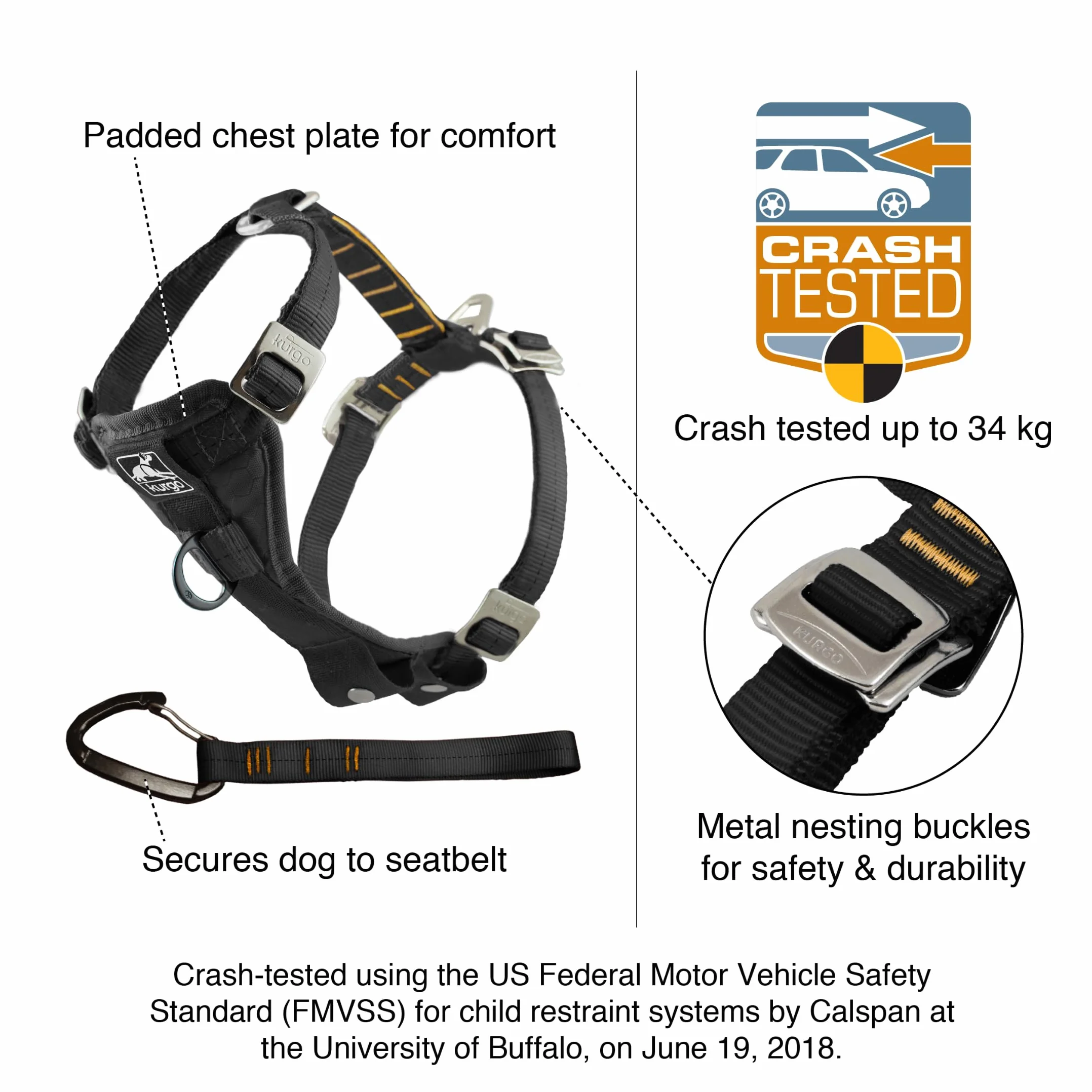 Kurgo Harnais pour Chien Tru-Fit, Accessoire Chien pour la Promenade, Clip Avant pour entraîner Son Chien à ne Pas Tirer & Ceinture de sécurité pour Voiture, Noir, L