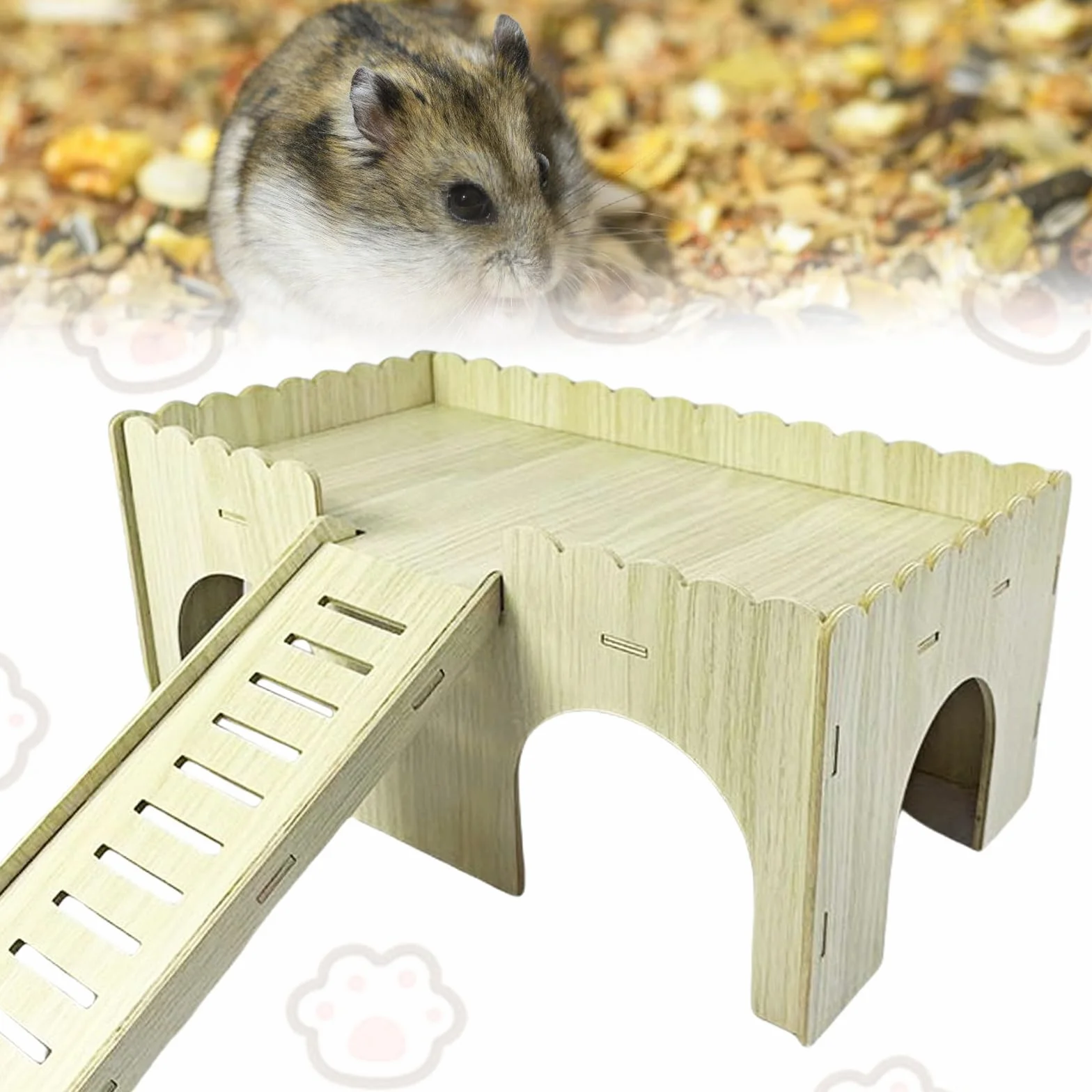 Grande maison pour cochon d'Inde - Maison en bois avec rampe - 4 entrées - Jouet et accessoire pour cochon d'Inde - 38 x 25 x 18 cm