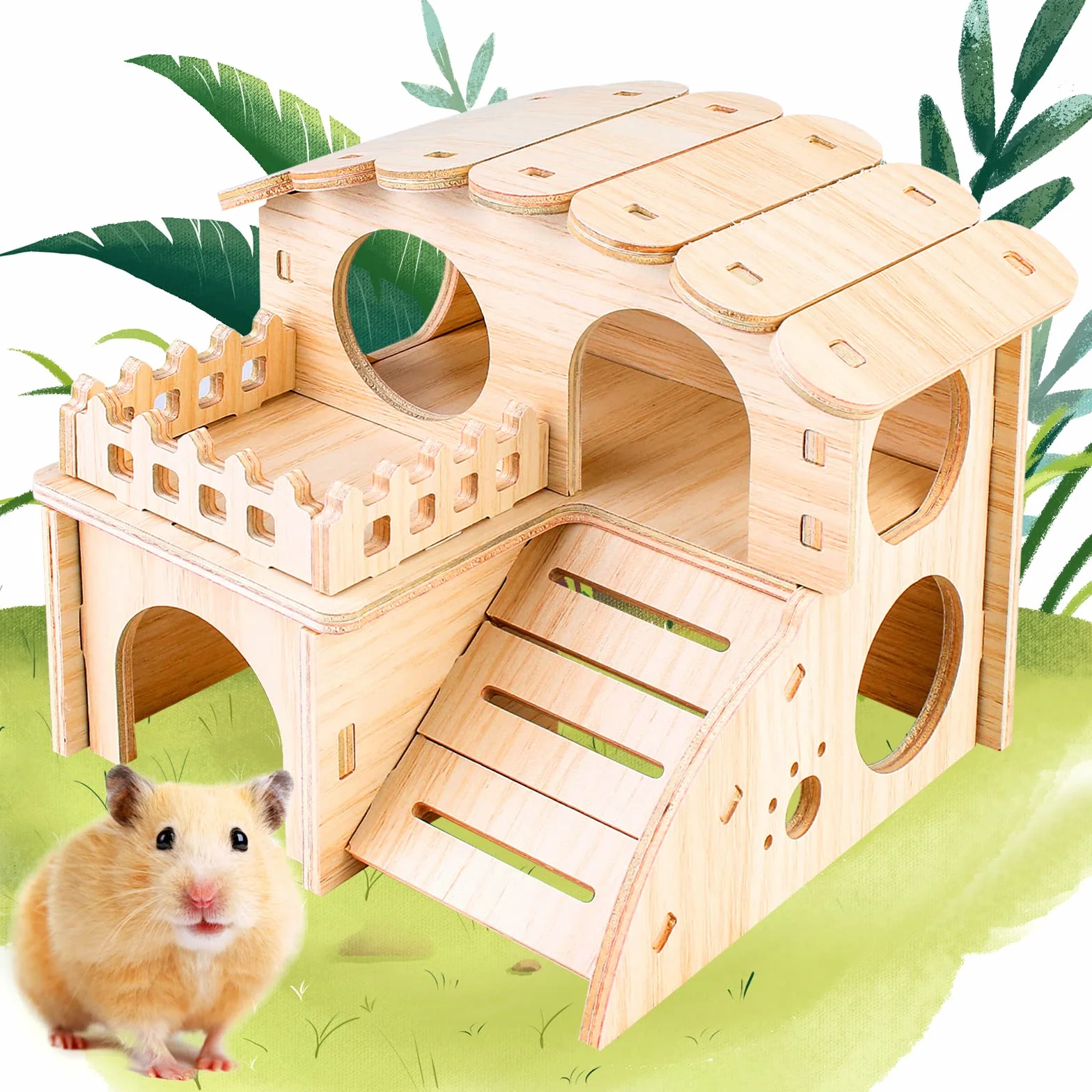 Maison Hamster,Maison en Bois pour Hamster,2 Etages Maisonnette pour Hamster,Hamster Maison d'angle,Jouet pour Hamster,Maison Cochon d'inde,Accessoire Hamster pour Hamster Nain Cochon Gerbille Rongeu