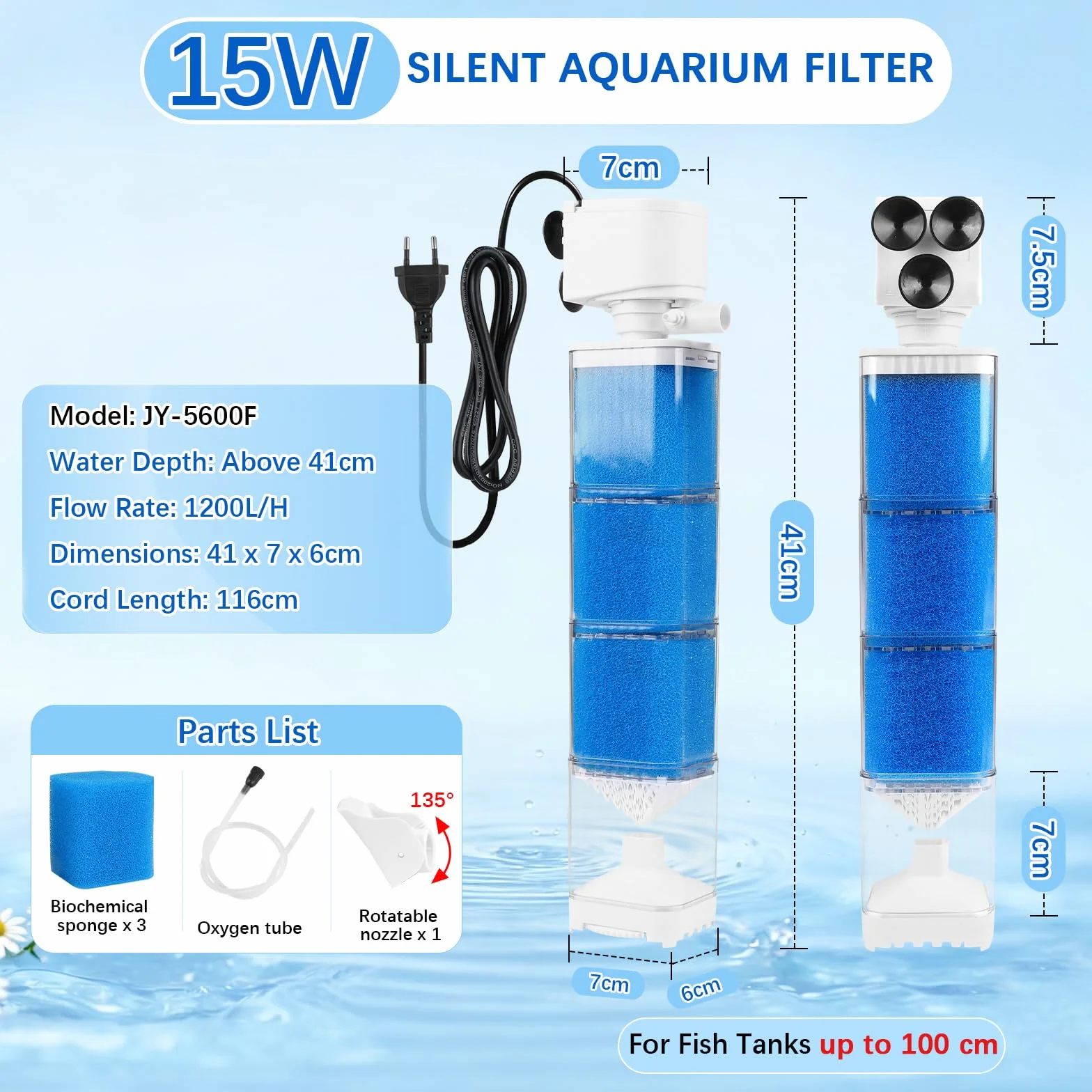 EXLECO Pompe Filtre Aquarium 150-300L 5 en 1 Réglable 1200L/H 15W Silencieux