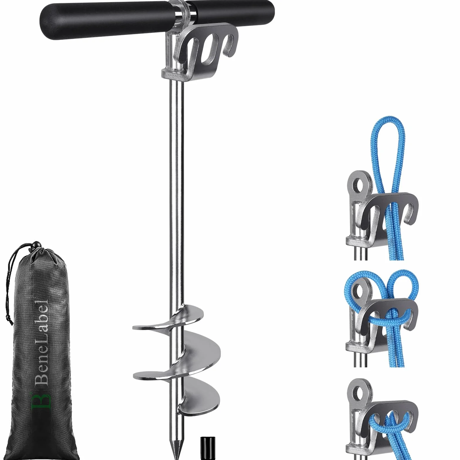 BeneLabel Ancrages de Sol, Chien d'ancrage Lourd Piquet de Sable M12 en Spirale pour Grand Chien Moyen/Jardin/Cour/Camping/Bateau/Trampoline/Tente/Abri avec Poignée Amovible, 43cm