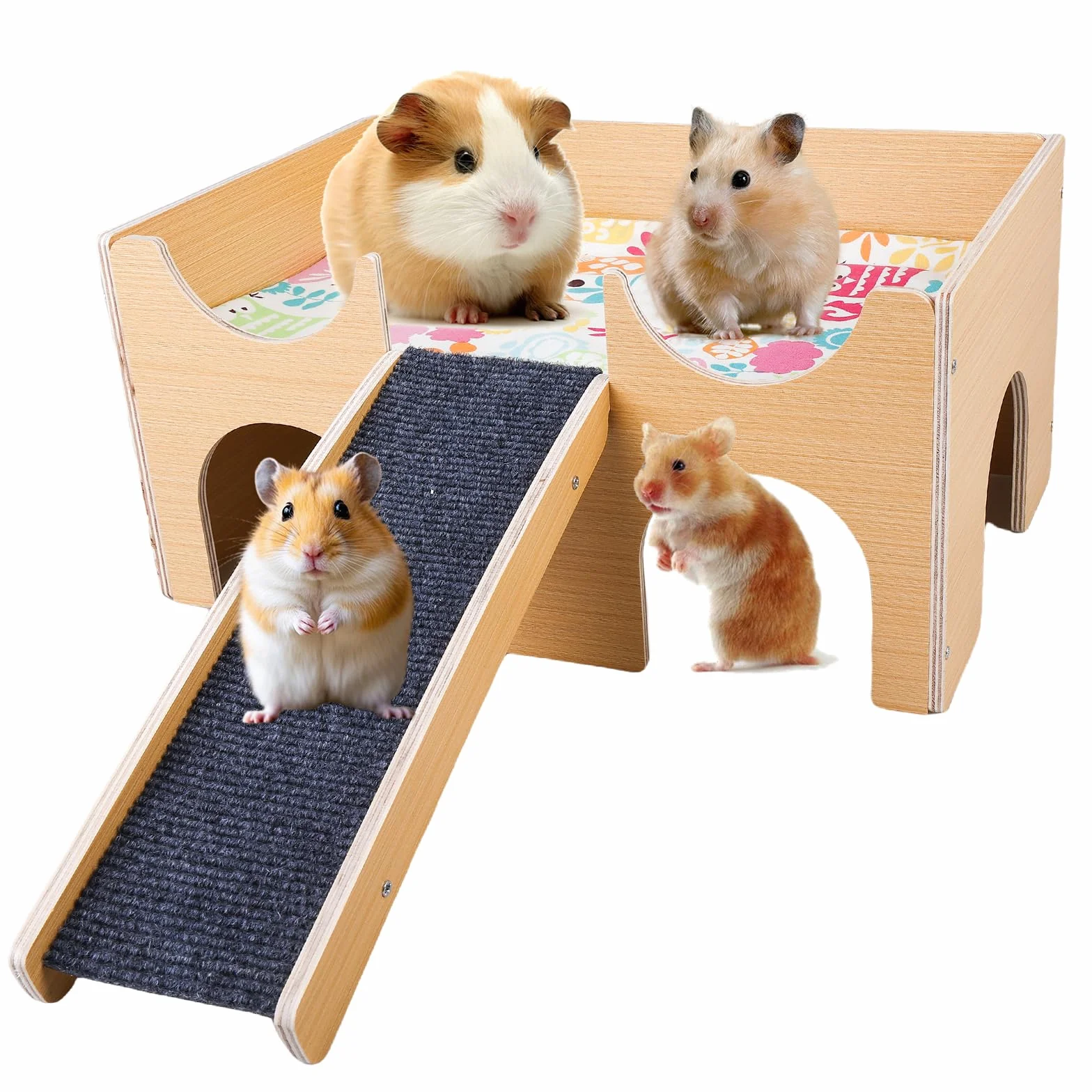 Grande maison pour cochons d'Inde en bois massif avec rampe et 3 entrées, maison de lapin naturel, pour rats, hamsters et petits animaux