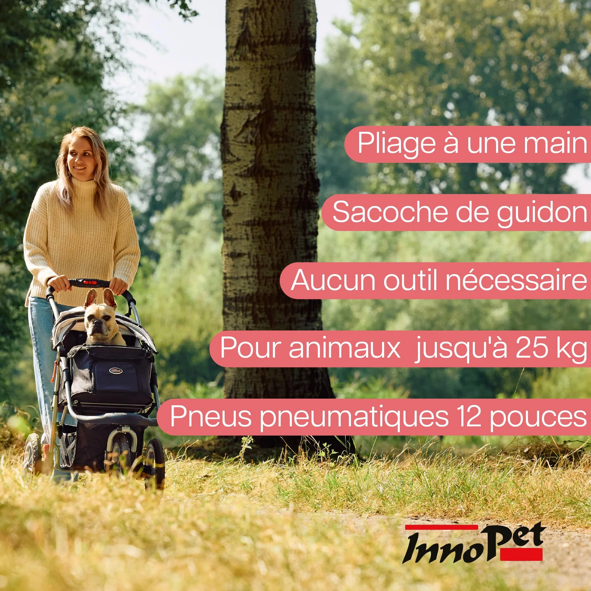 Poussette Innopet Comfort Air Eco pour chiens et chats, noir/argent - 12 pouces pneus pneumatiques - Pliable une main - Organiseur - Tissu nylon recyclé