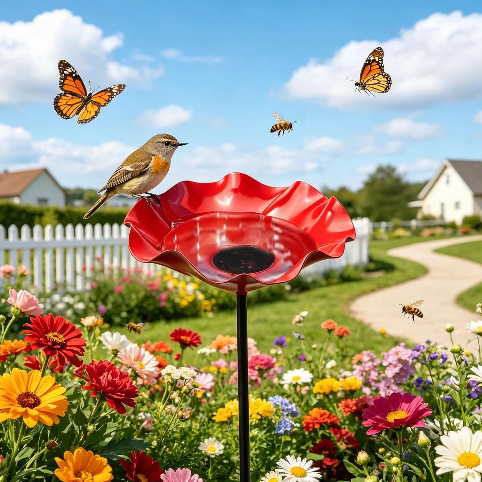 Bain d'Oiseaux sur Tige en Métal, Abreuvoir Fleur pour Oiseaux Extérieur, Fontaine avec Point d'Eau pour Abeilles, Décor Jardin Métal 65 cm
