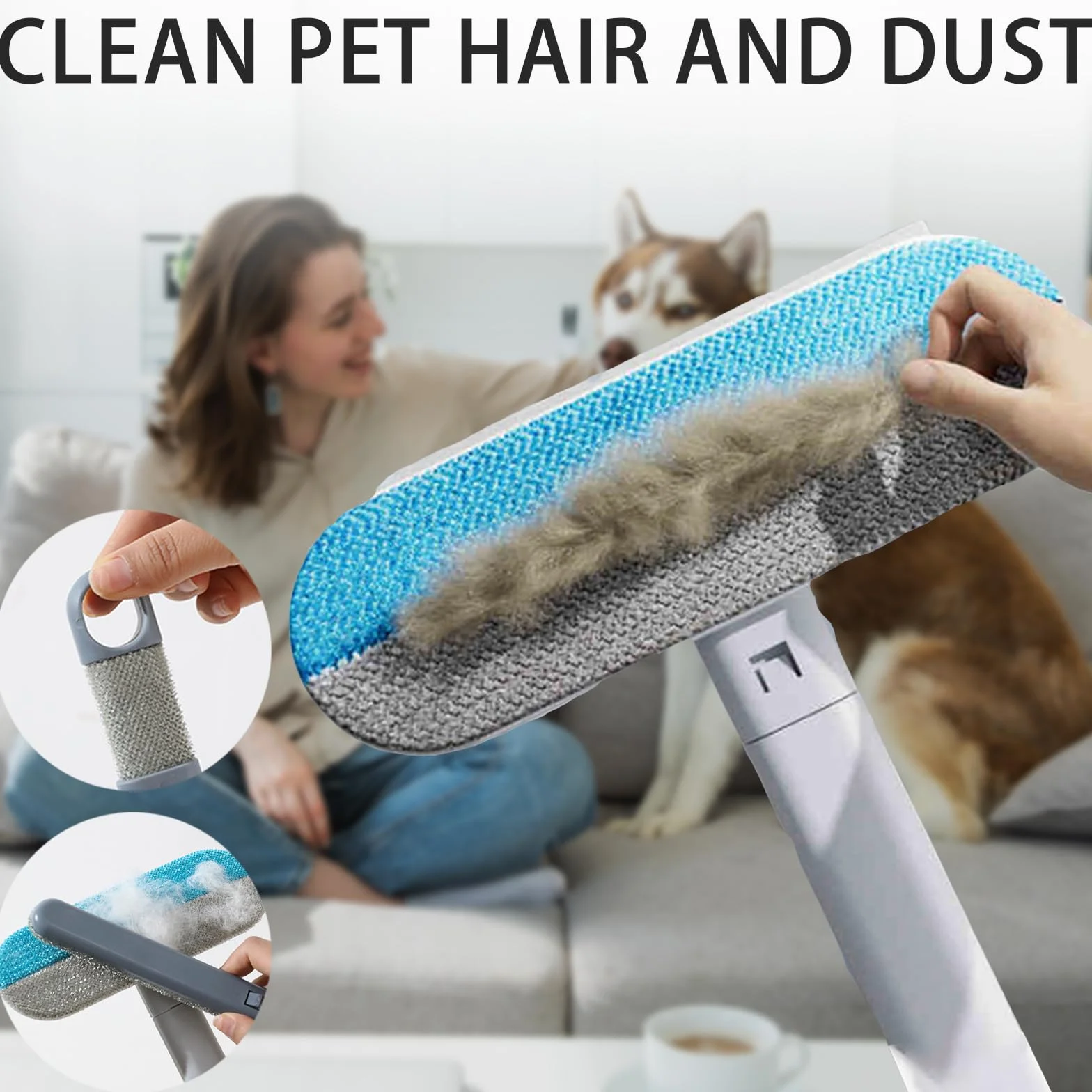 Brosse Anti-Peluches Électrostatique 4 en 1 pour Animaux de Compagnie Lot de 2 avec Tige d'extension