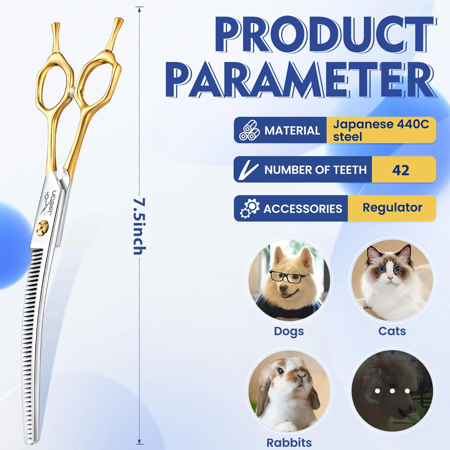JASON 7.5 pouces ciseaux à effiler courbes pour chiens 43 dents ciseaux professionnels pour chiens courbes vers le bas en acier inoxydable japonais 440C ciseaux à fourrure avec poignée symétrique
