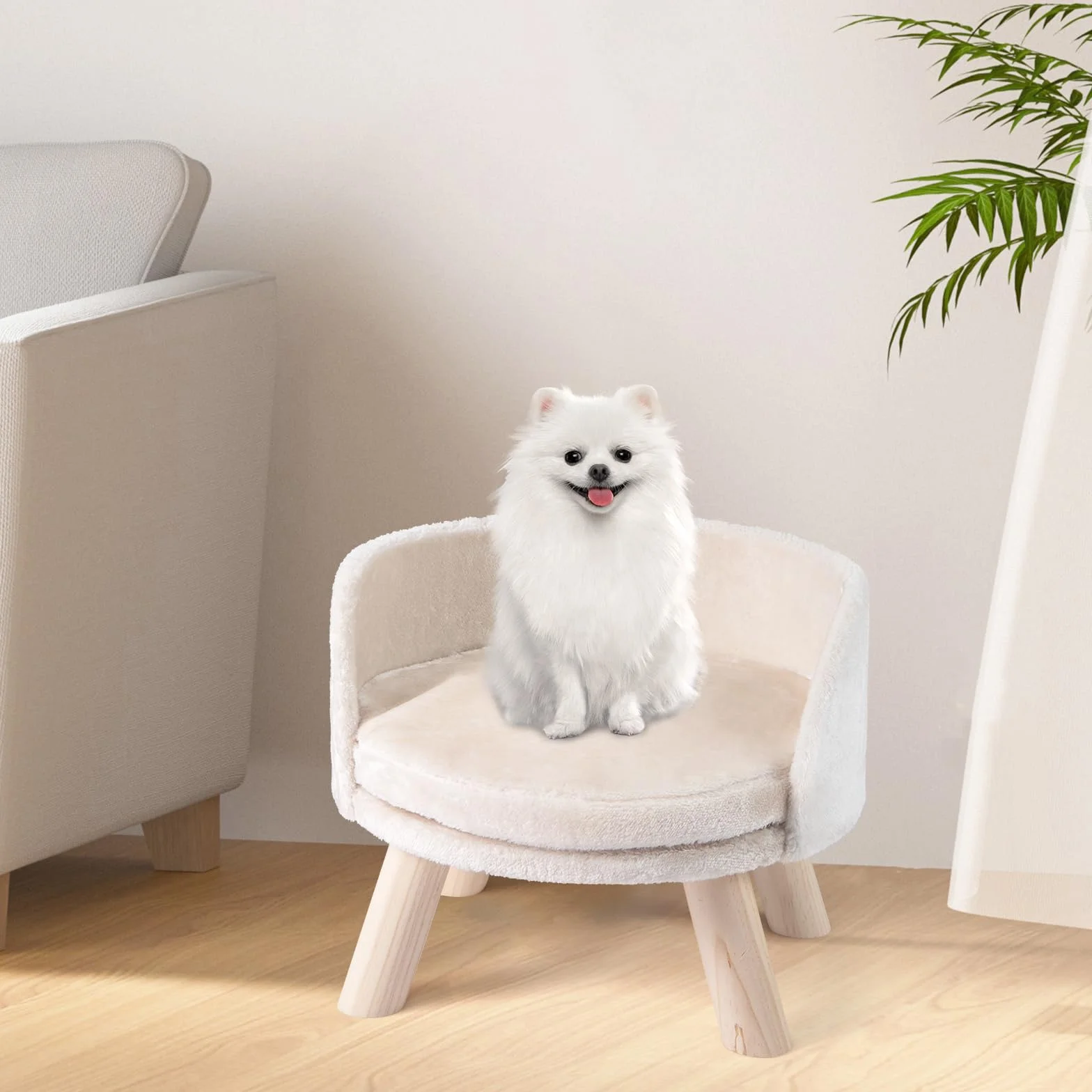 COSTWAY Canapé Lit pour Chien Chat 30 kg, Coussin Amovible, Bois de Pin, 42 x 42 x 33 cm, Beige